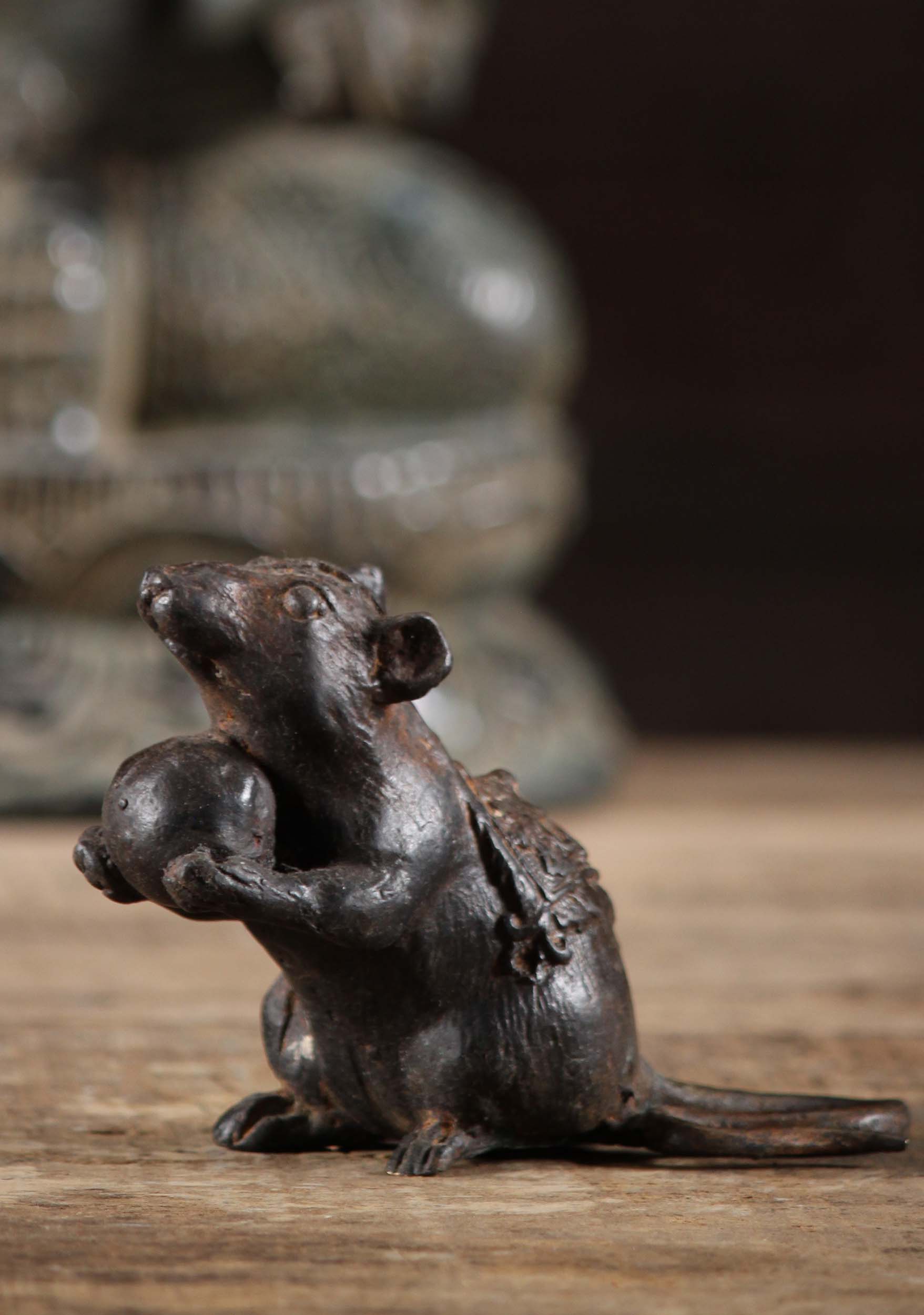 Brass Small Statue of Mooshika, Ganesha's Rat Vehicle Holding Laddu offering to Lord Ganesha 4"