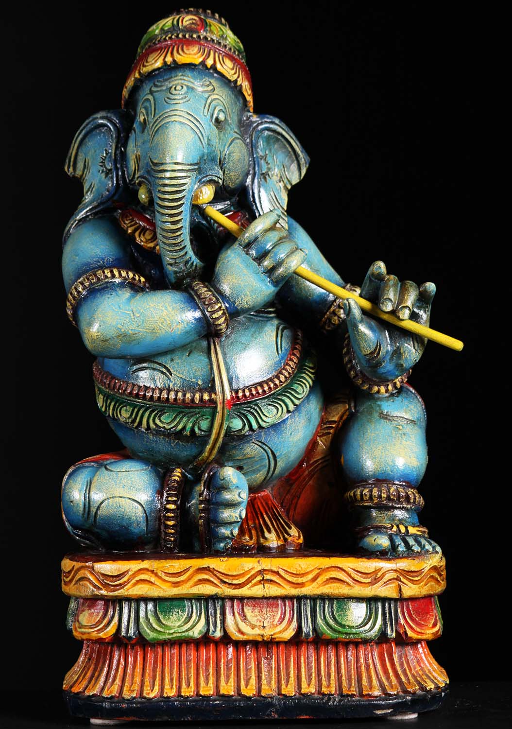 SOLD Wood Ganesha Musical Statue Playing Flute 18" (76w99) Hindu Gods