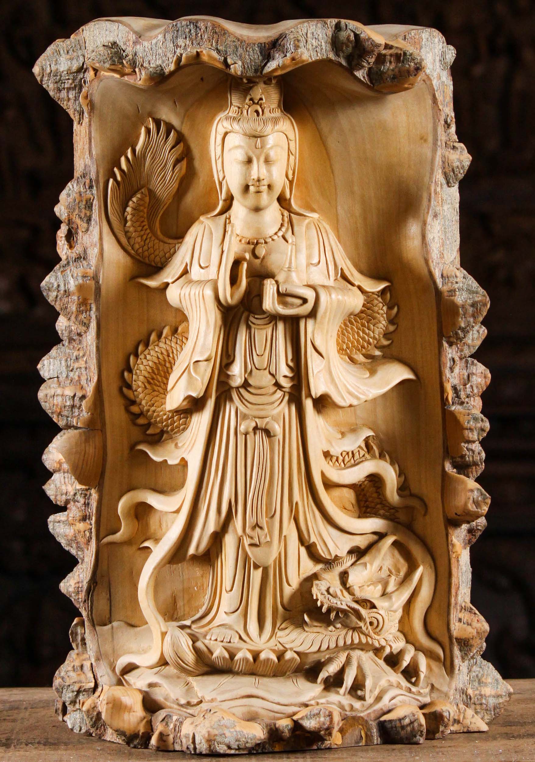 Crocodile Wood Kwan Yin with Dragon Statue 16"