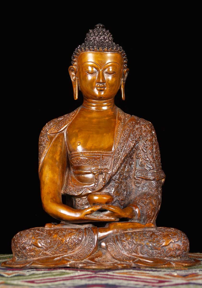 Brass Buddha Wearing Brocade Robes 14"