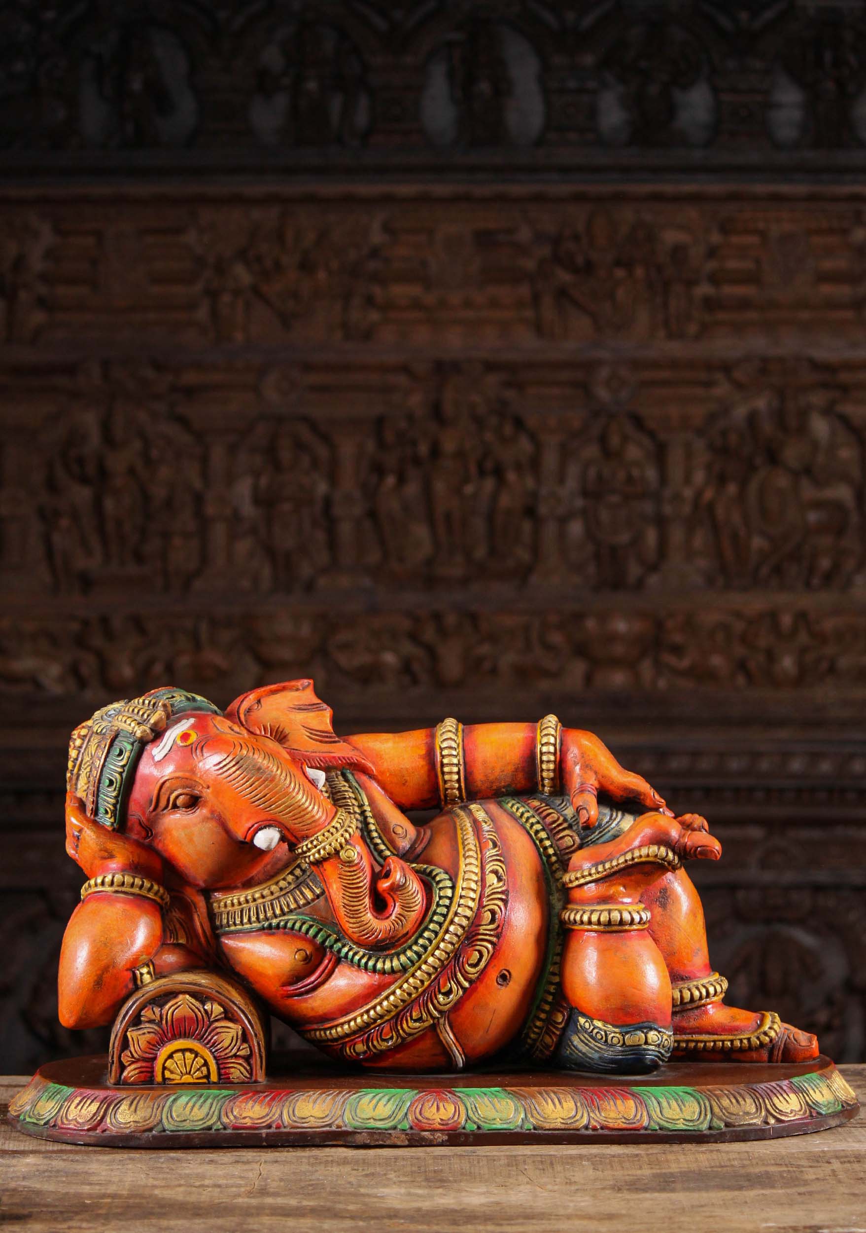 Wood Reclining Ganesh Statue 26"