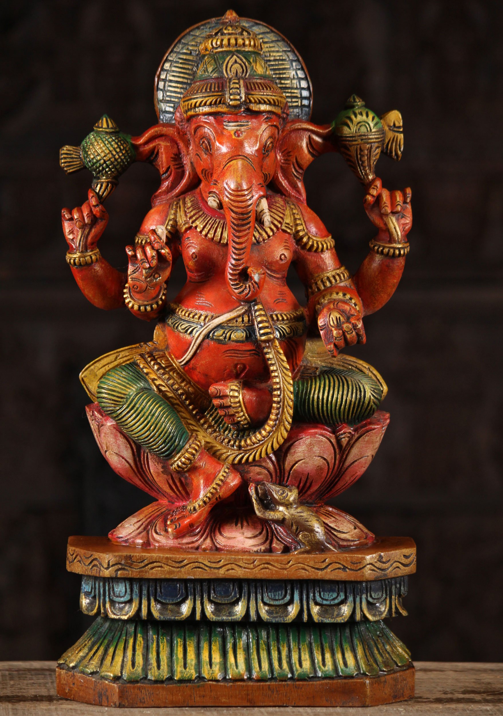 Wooden Red Seated Ganesh Sculpture 18"