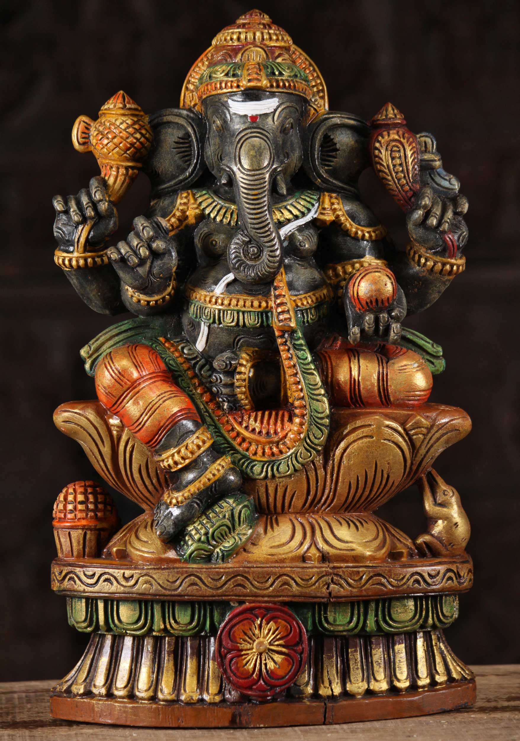 Wood Seated Ganesh with Shiva Tilak 18"