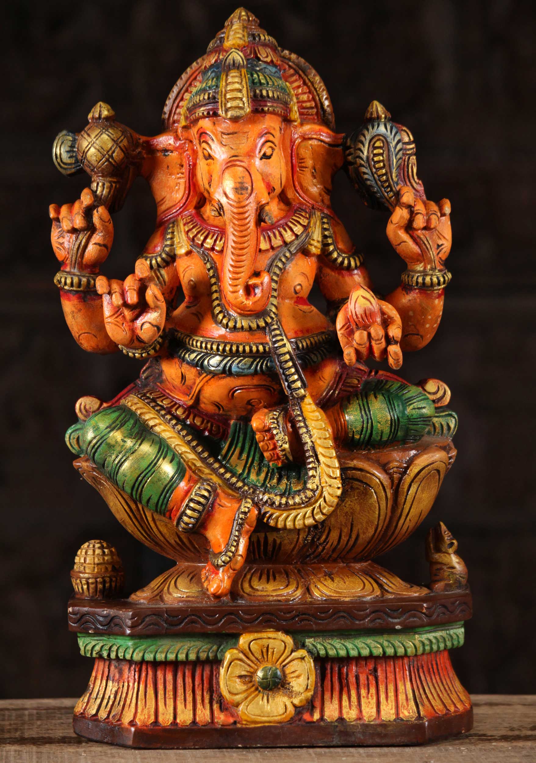 Wooden Seated Ganapthi Sculpture 18"