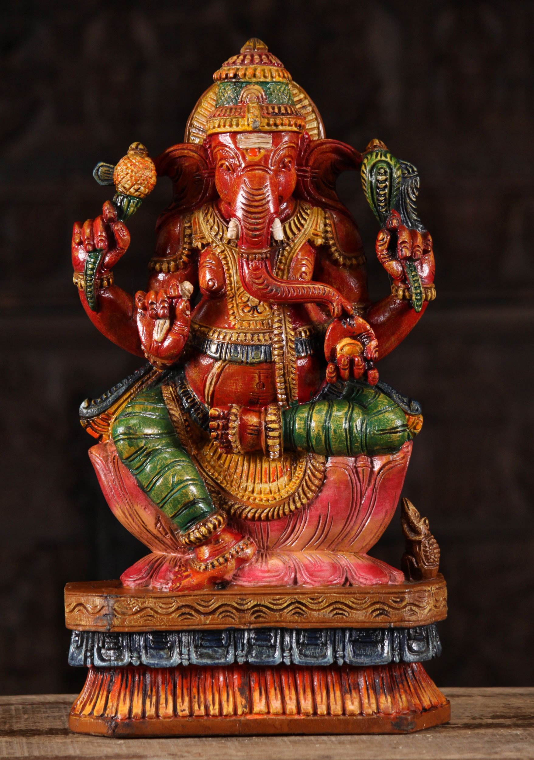 Painted Red Wooden Seated Ganesh Sculpture 18"