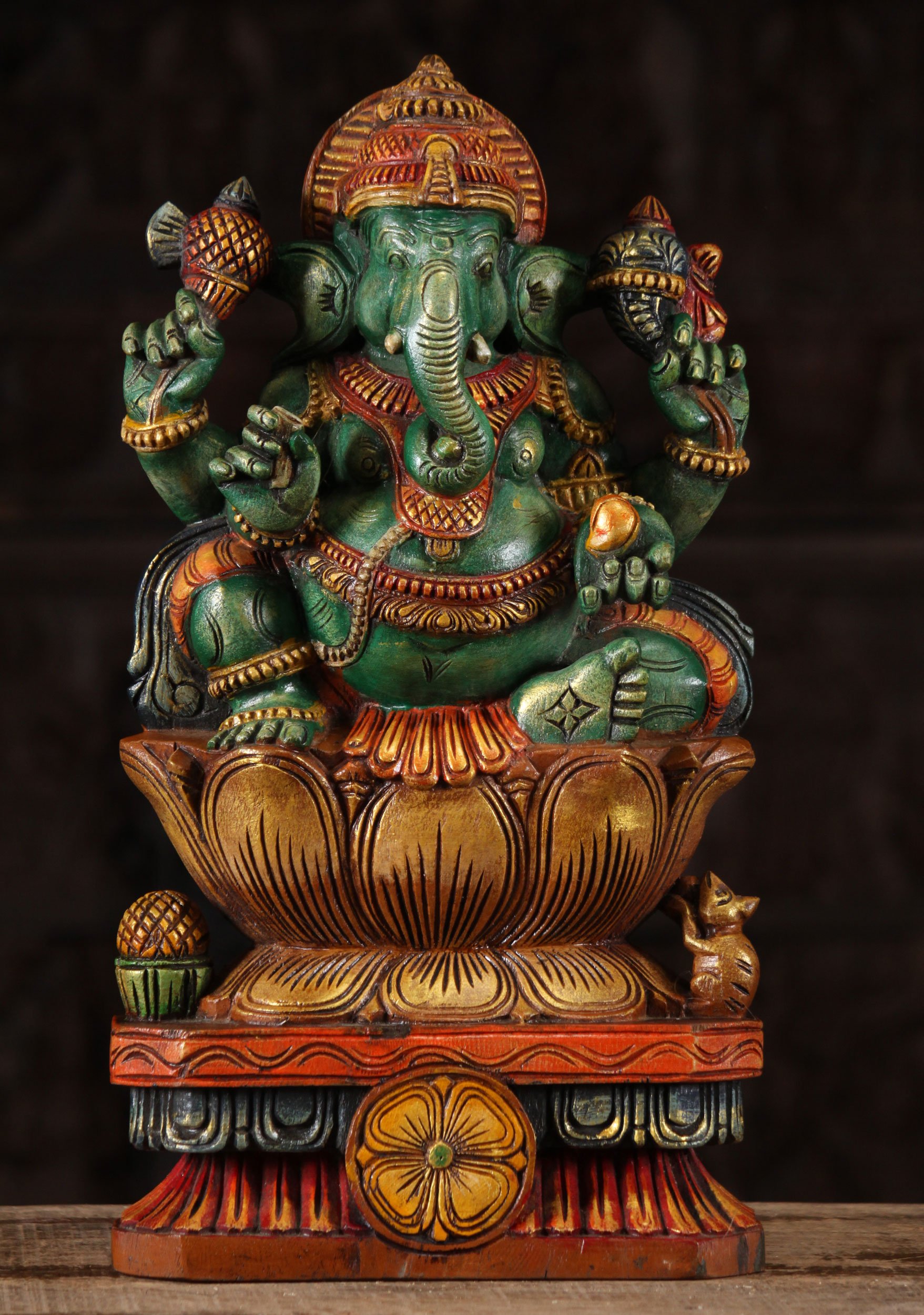 Painted Wood Seated Ganesh Statue 18"