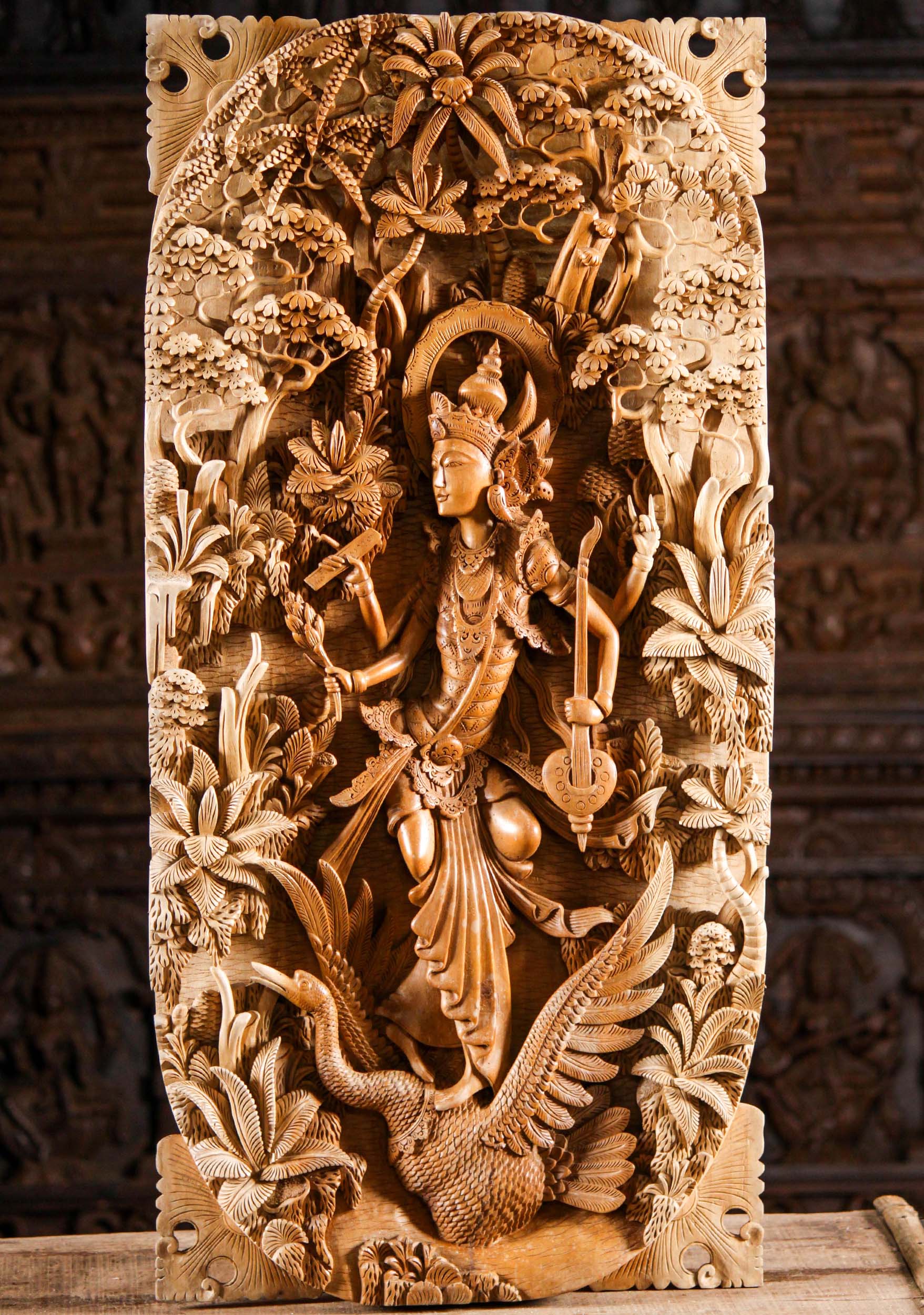 Finely Carved Wood Panel of the Hindu Goddess of Wisdom Saraswati Standing on Swan 40"