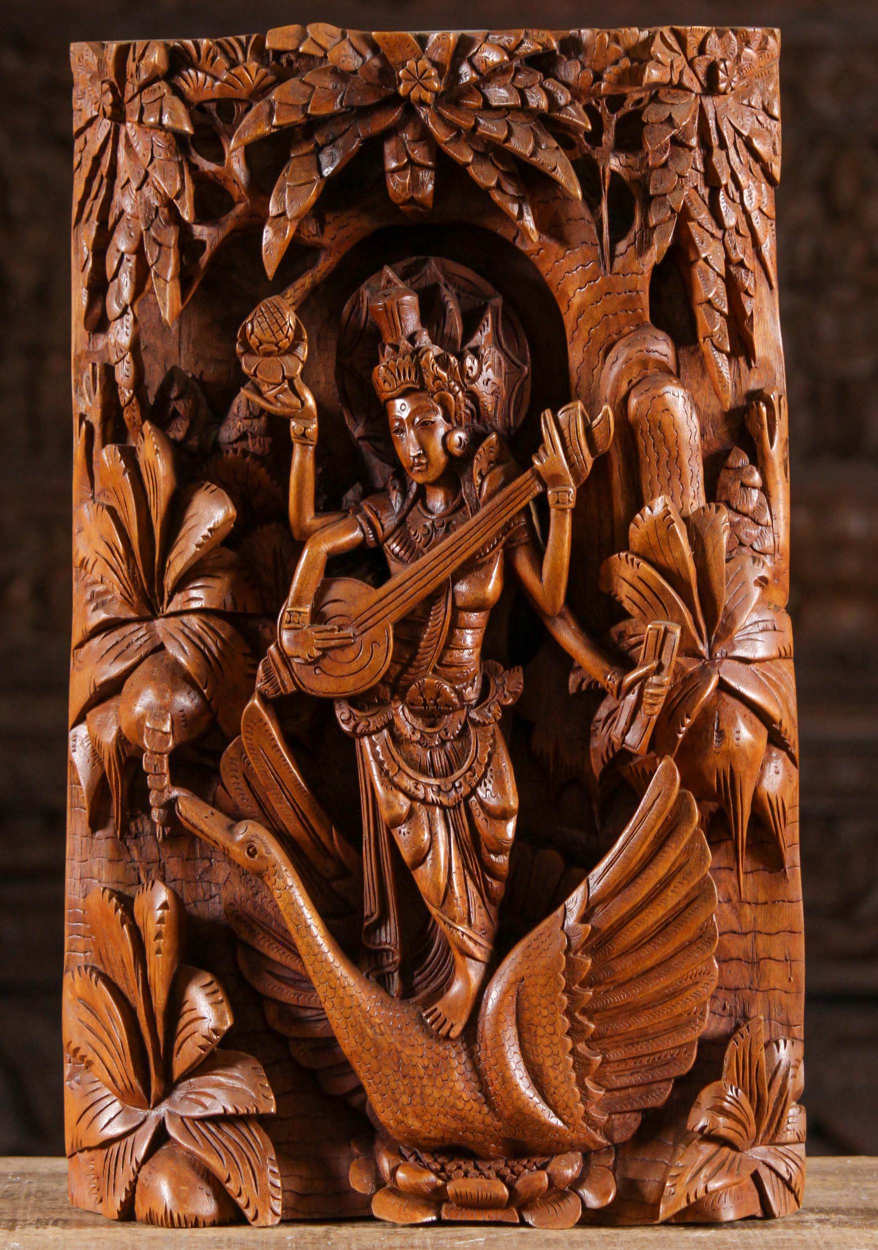 Wood Saraswati with Swan Hindu Wall Panel 19"