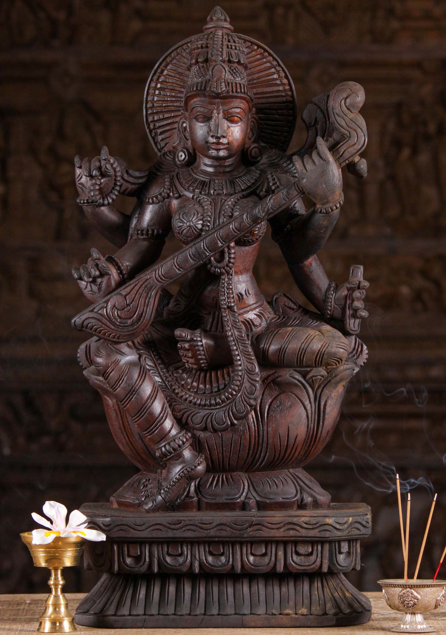 Seated Saraswati Sculpture Playing the Veena 24"