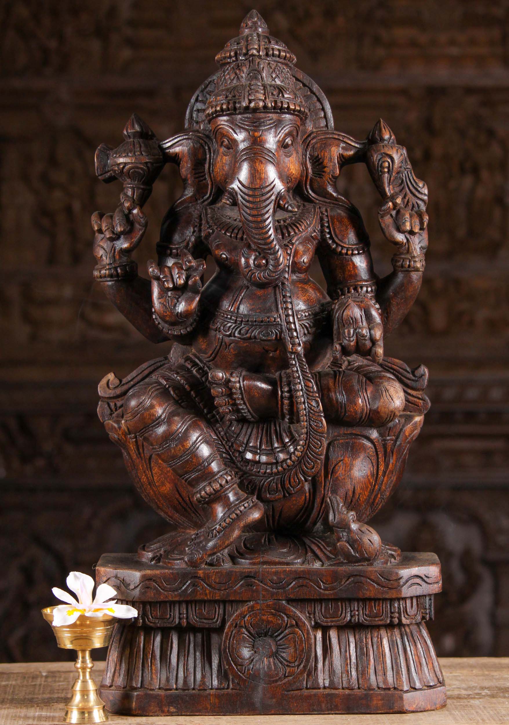 Seated Wooden Ganesh Sculpture 24"