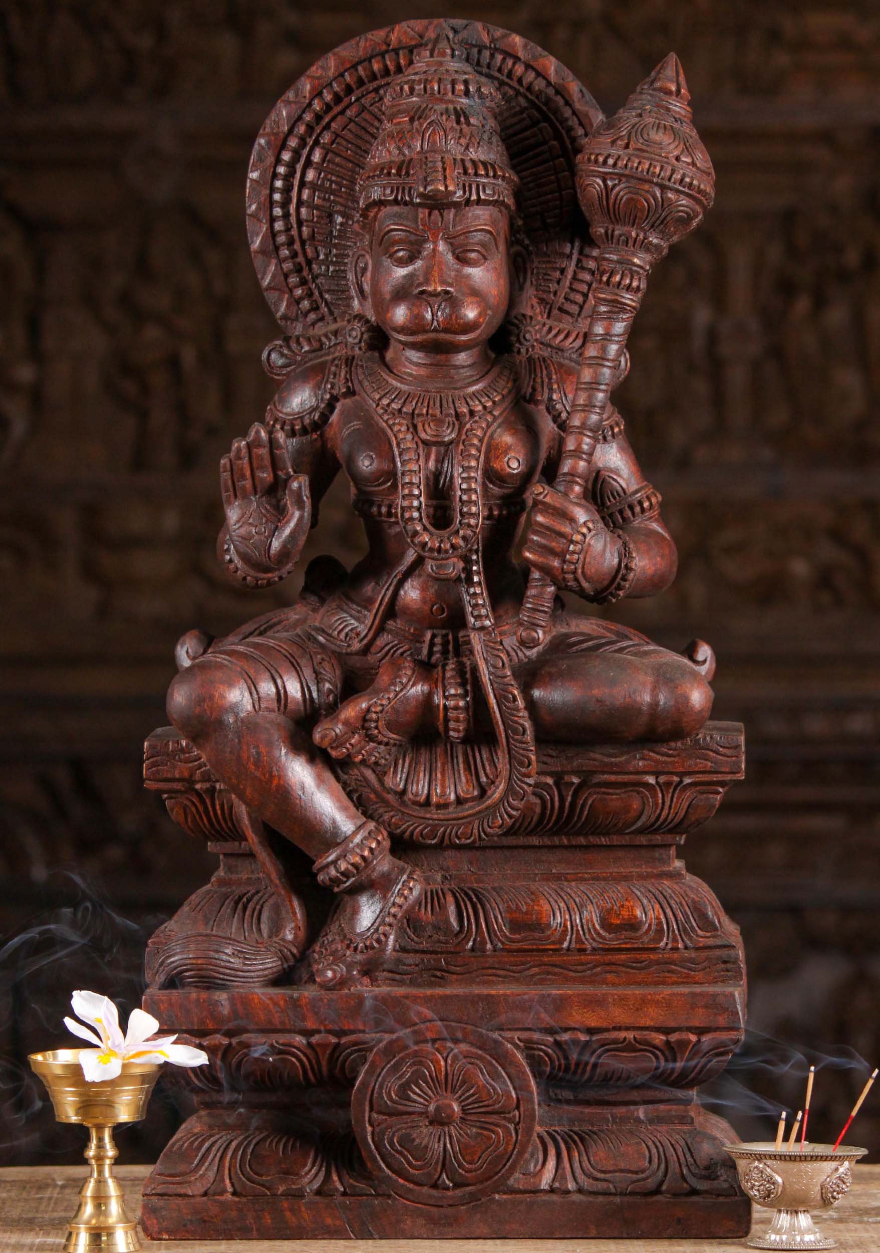 Wood Seated Hanuman Holding Large Club 24"