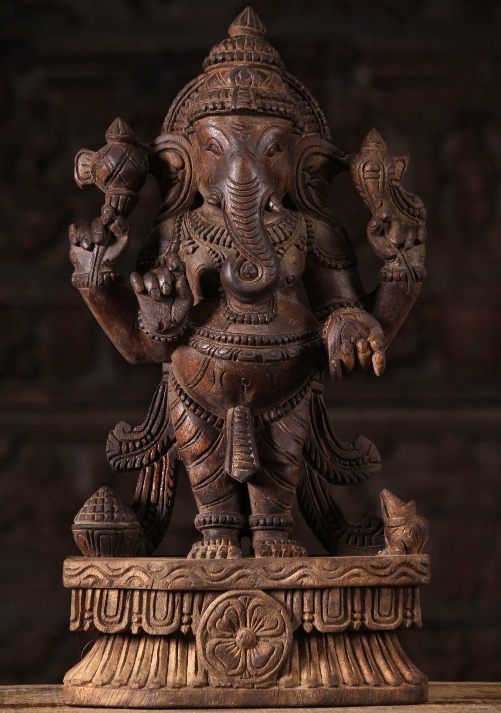 Wood Standing Ganesh with Rat & Prasad 18"