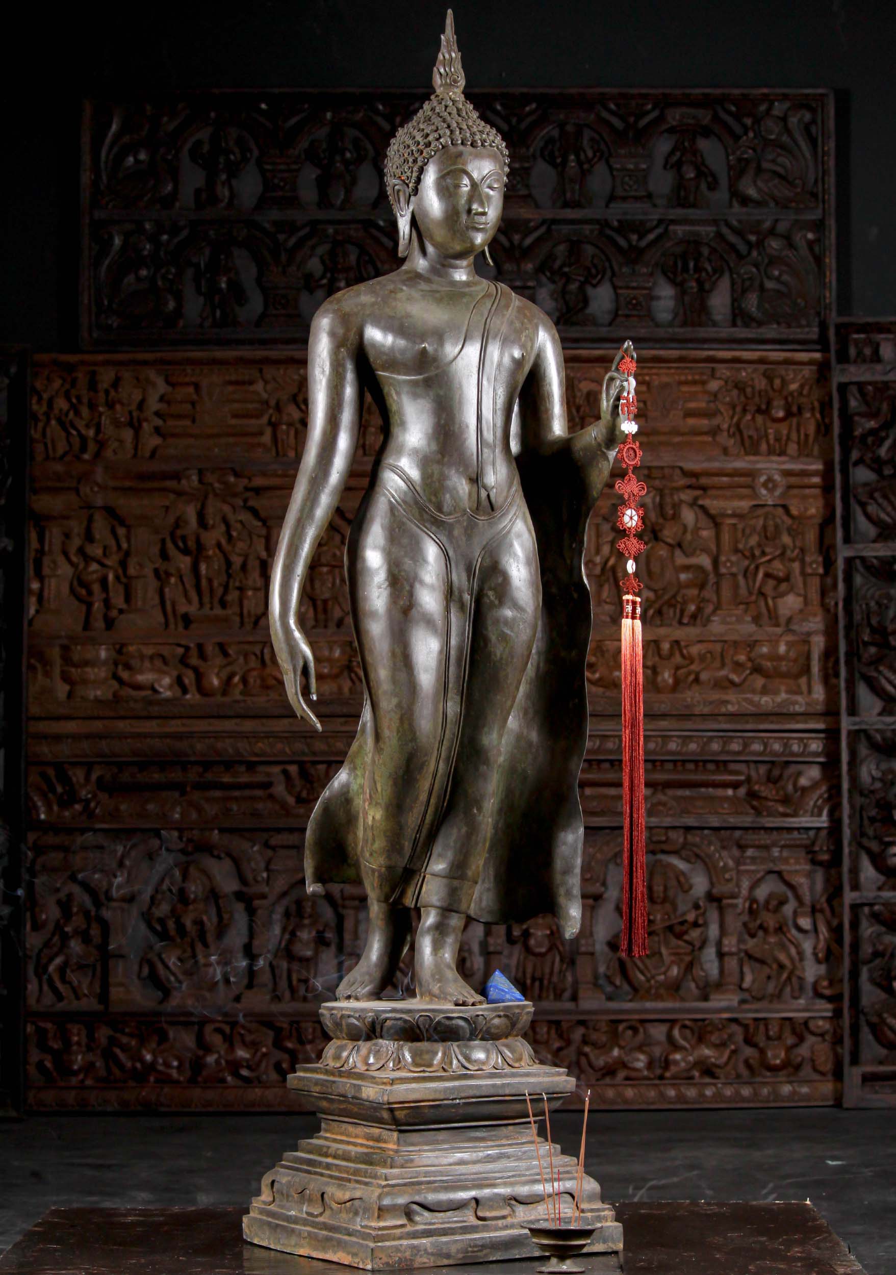 Brass Enlightened Buddha Statue with Hand Held up in Vitarka Mudra in Walking Meditation 68"