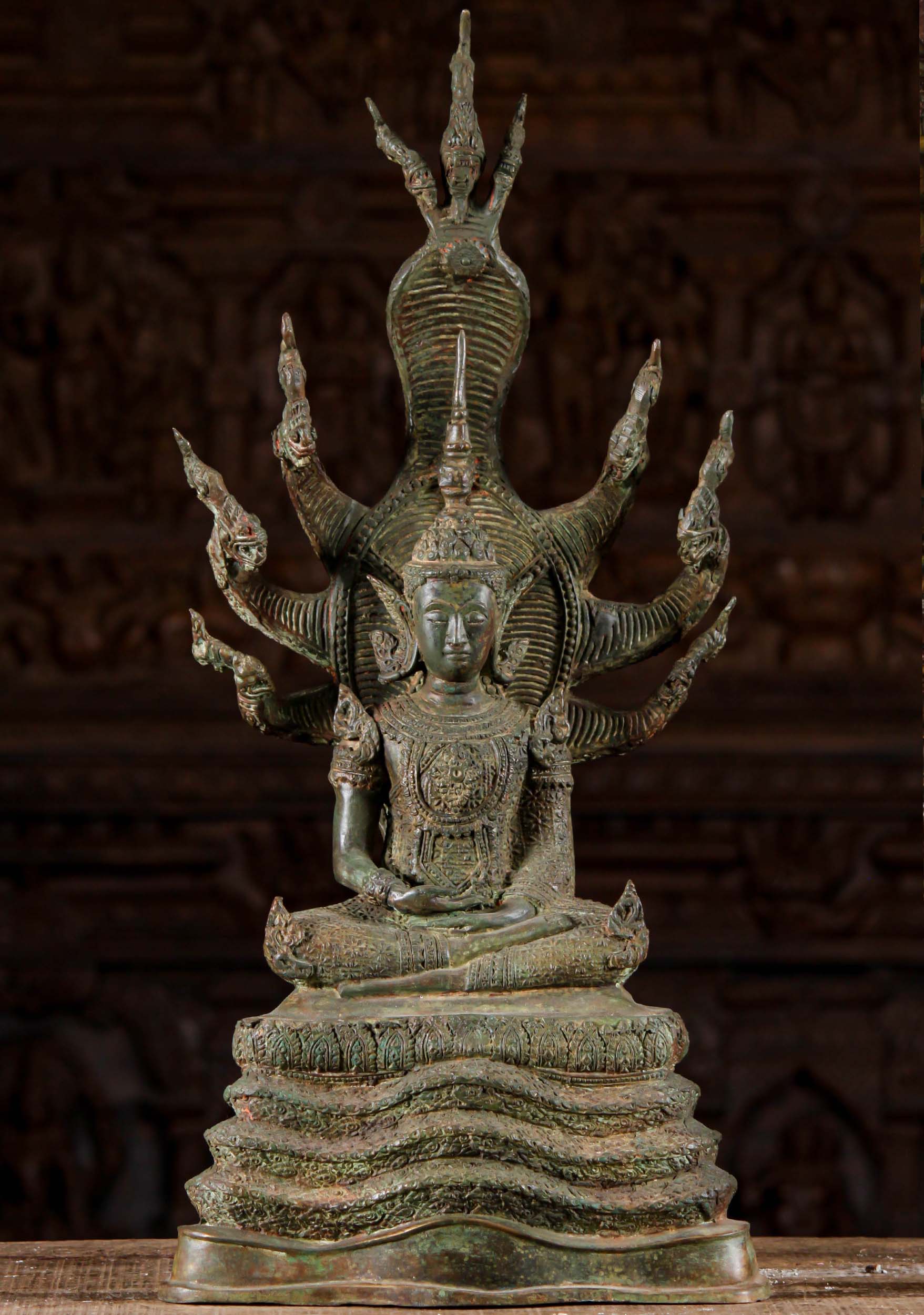 Brass Buddha Statue Beneath Naga King, Muchalinda Moments Before Enlightenment 27"