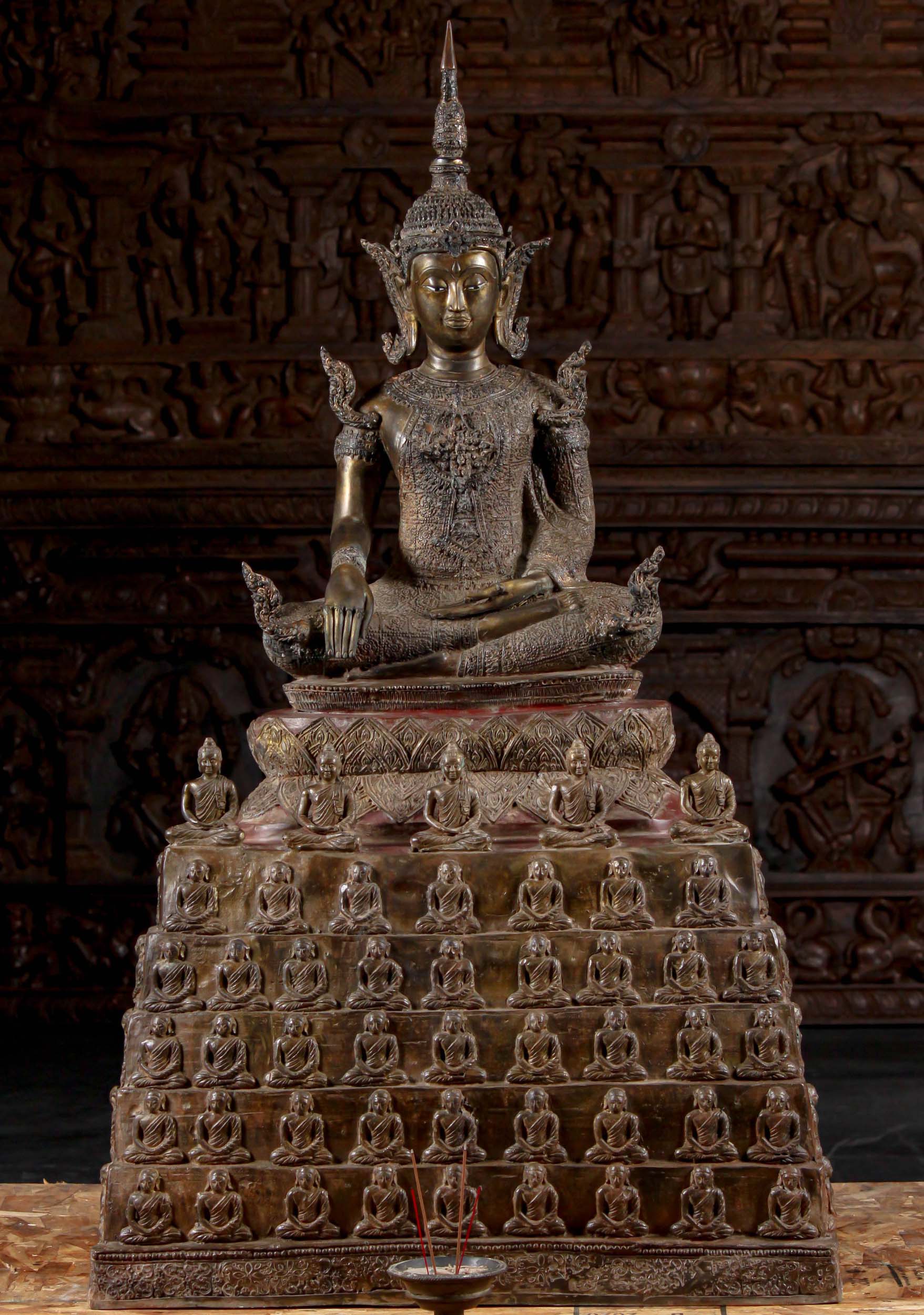 Brass Rattanokosin Style Buddha Statue Seated Atop Magnificient Throne with 108 Buddhas 48"