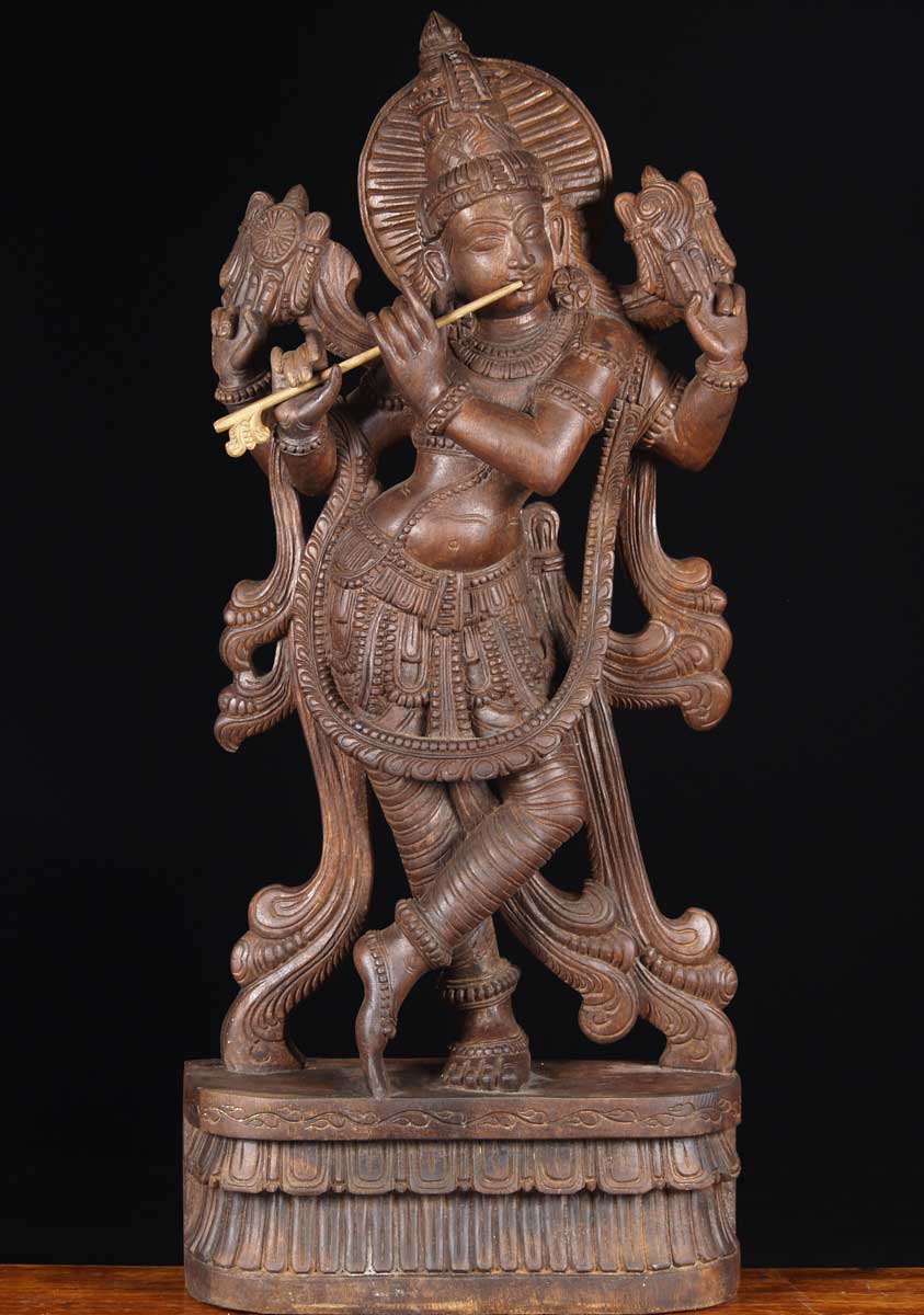 Wooden Venugopal Statue Playing Flute 36"