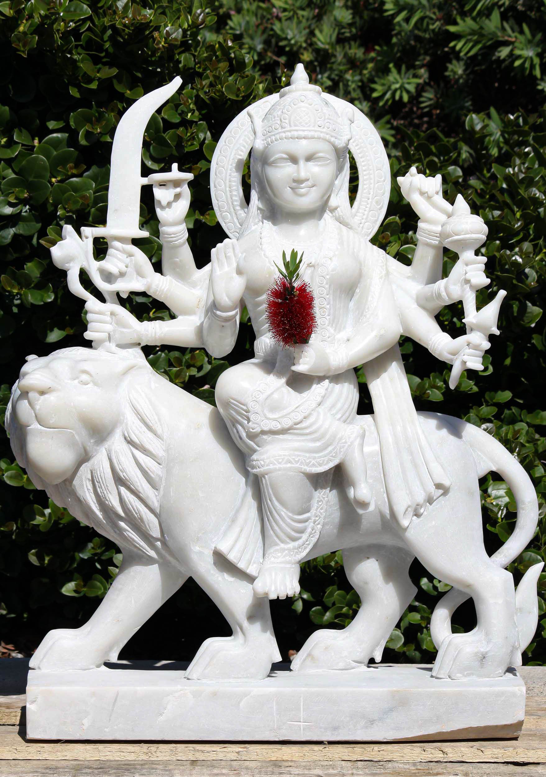 White Marble 8 Armed Durga Seated on Lion 30"