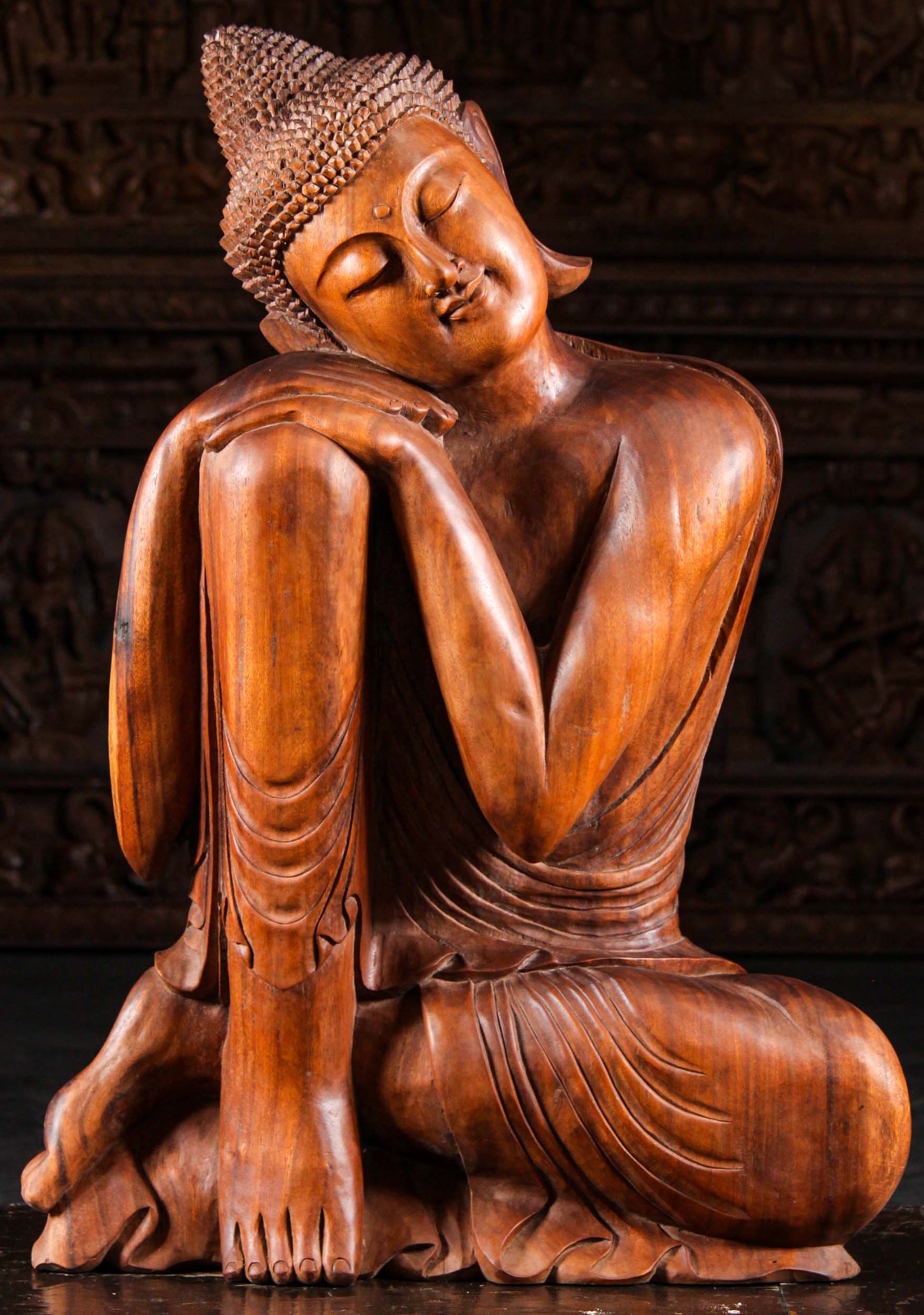 Wood Seated Resting Buddha Statue 41"