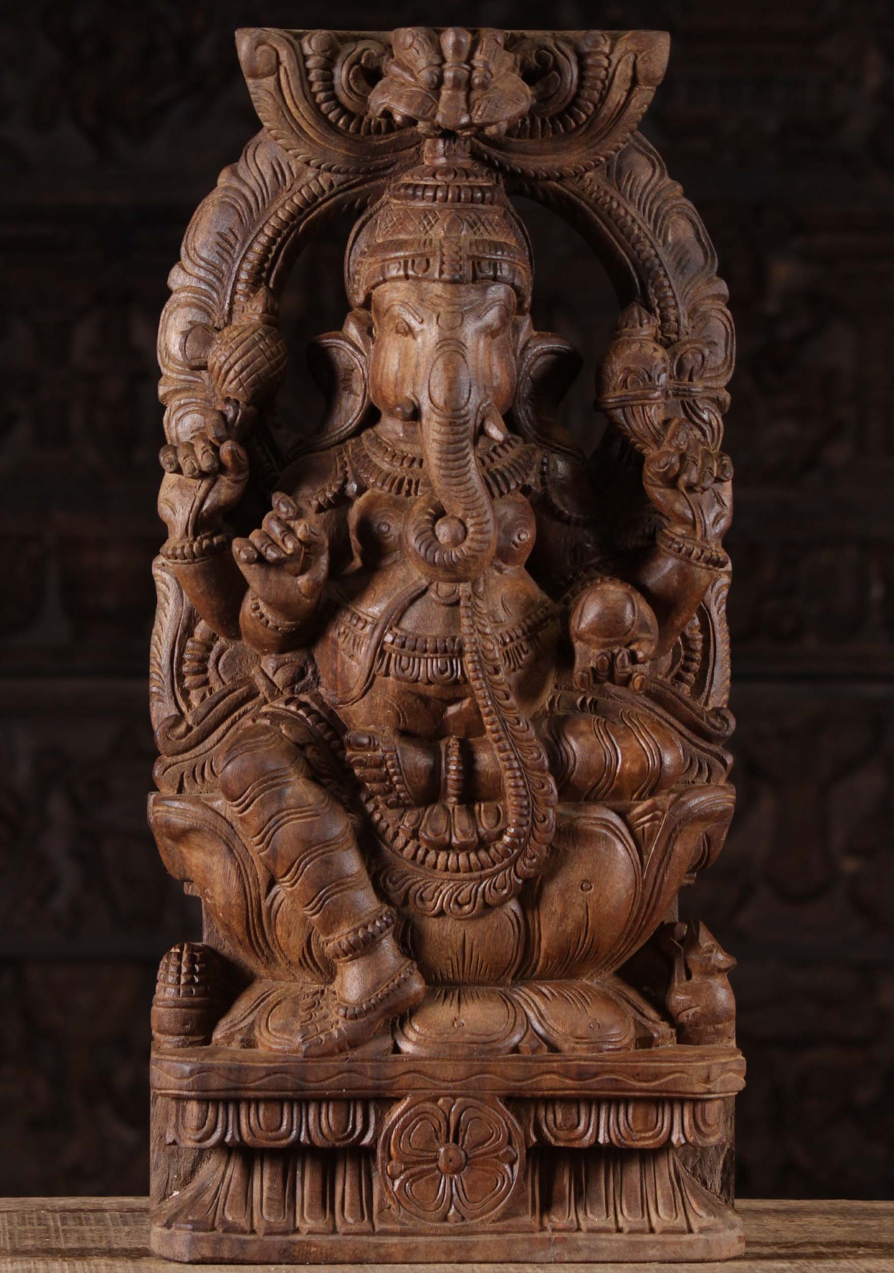 Wood Ganesha with Arch Holding Mango Fruit 24"