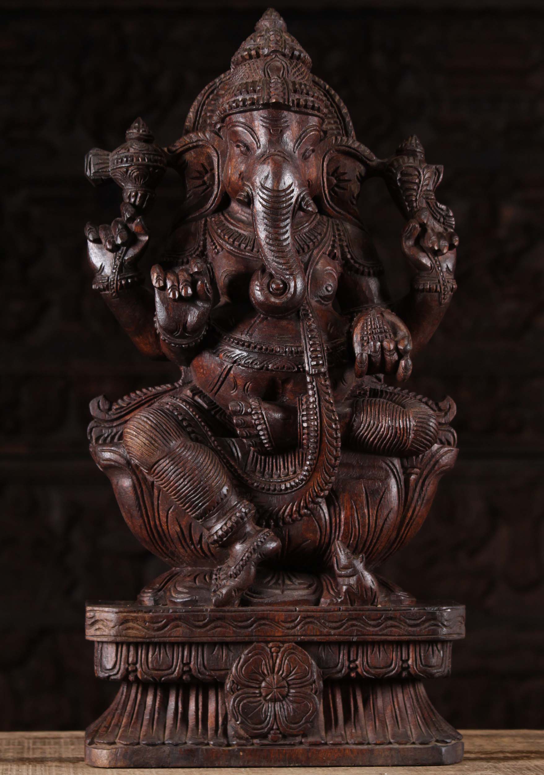 Wood Ganapathi on Lotus Base  with Rat 24"