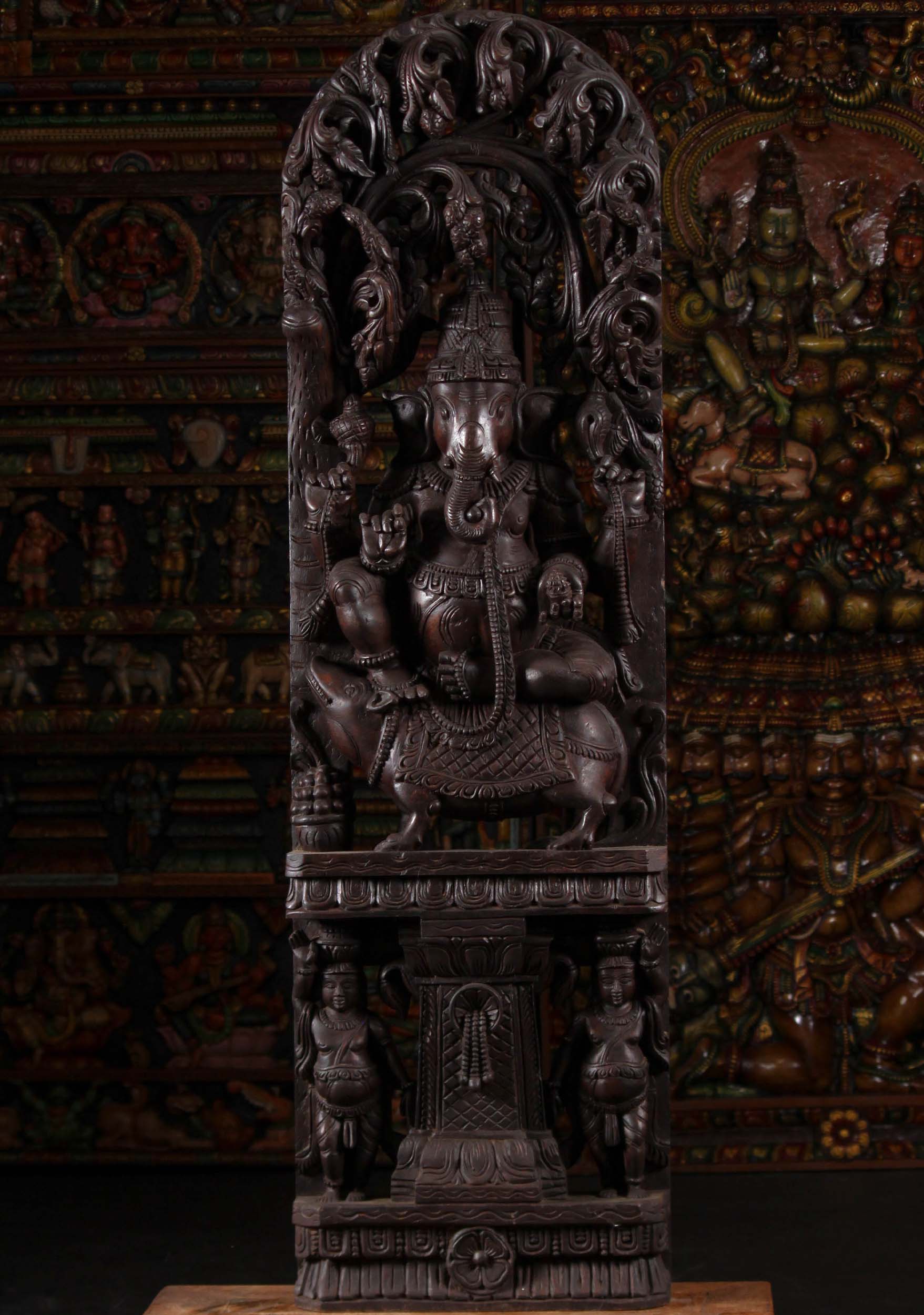 Wood Ganapathi Seated with Rat Beneath Canopy 60"