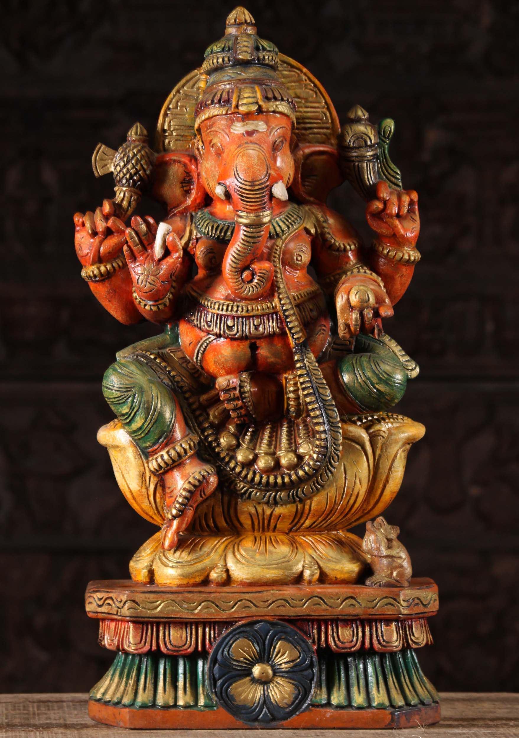 Wood Ganapathi Statue Holding Broken Tusk 24"