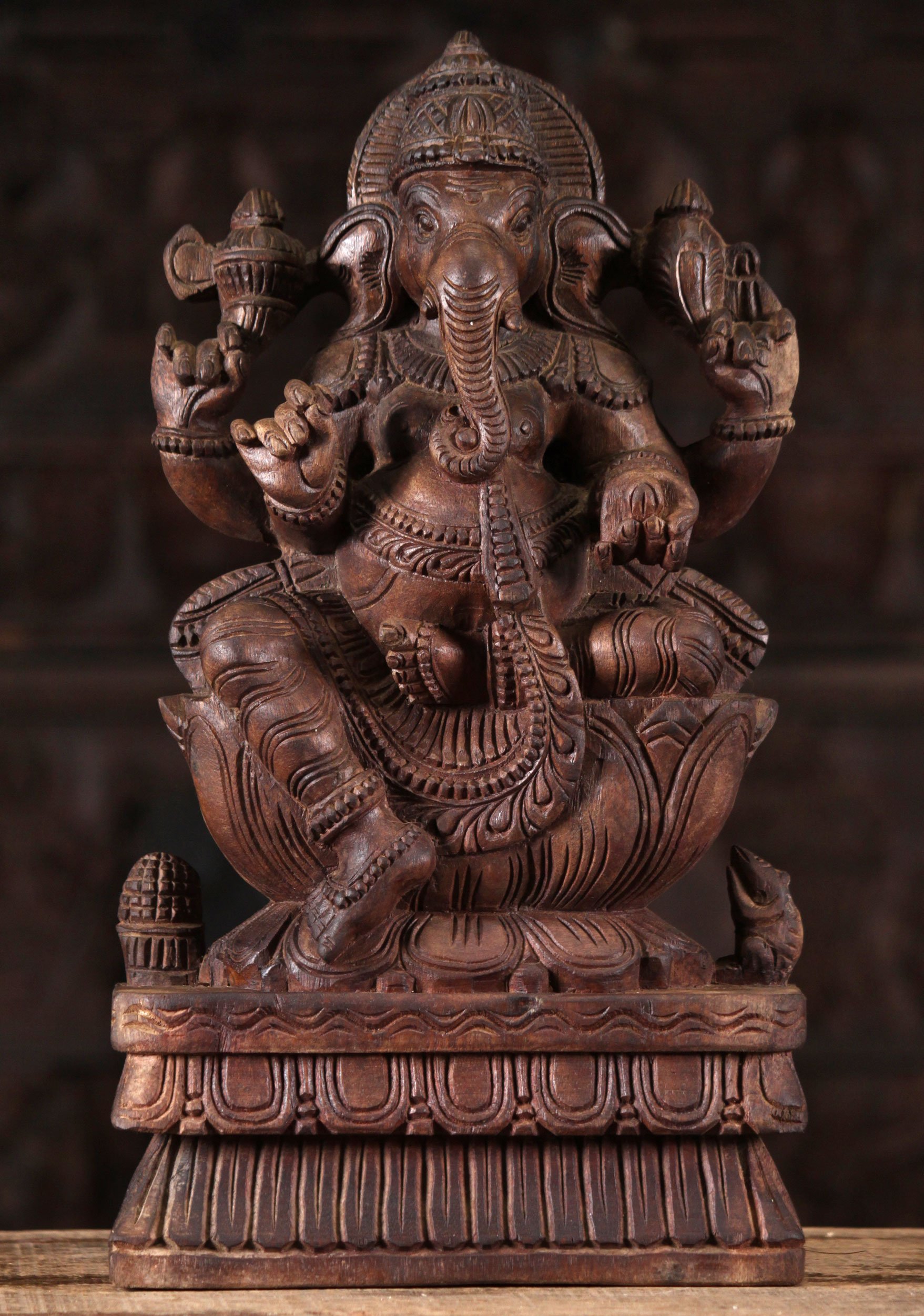 Wood Ganesh Carving Holding Elephant Goad 18"