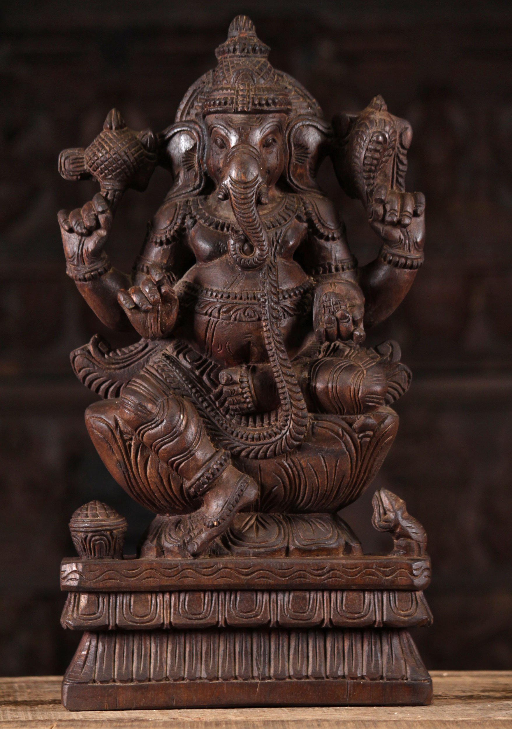 Wood Ganesh Statues Seated on Lotus Base 18"