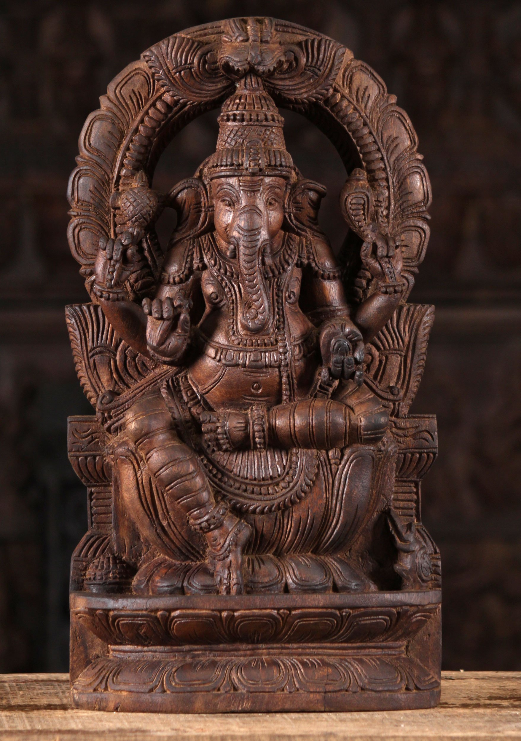 Wood Ganesh Under Arch on Lotus Base 18"