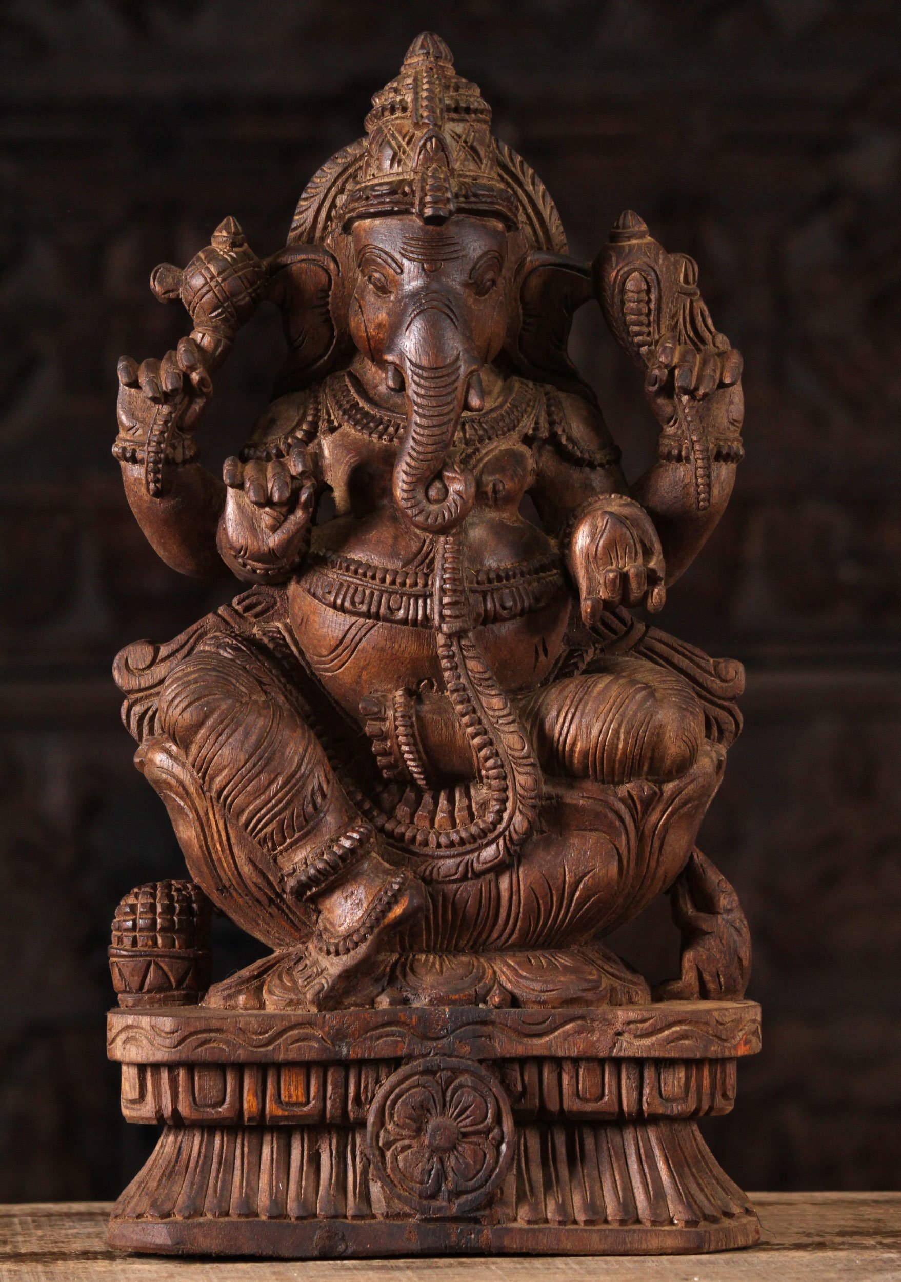 Wooden Seated Hindu Ganesha Carving 18"