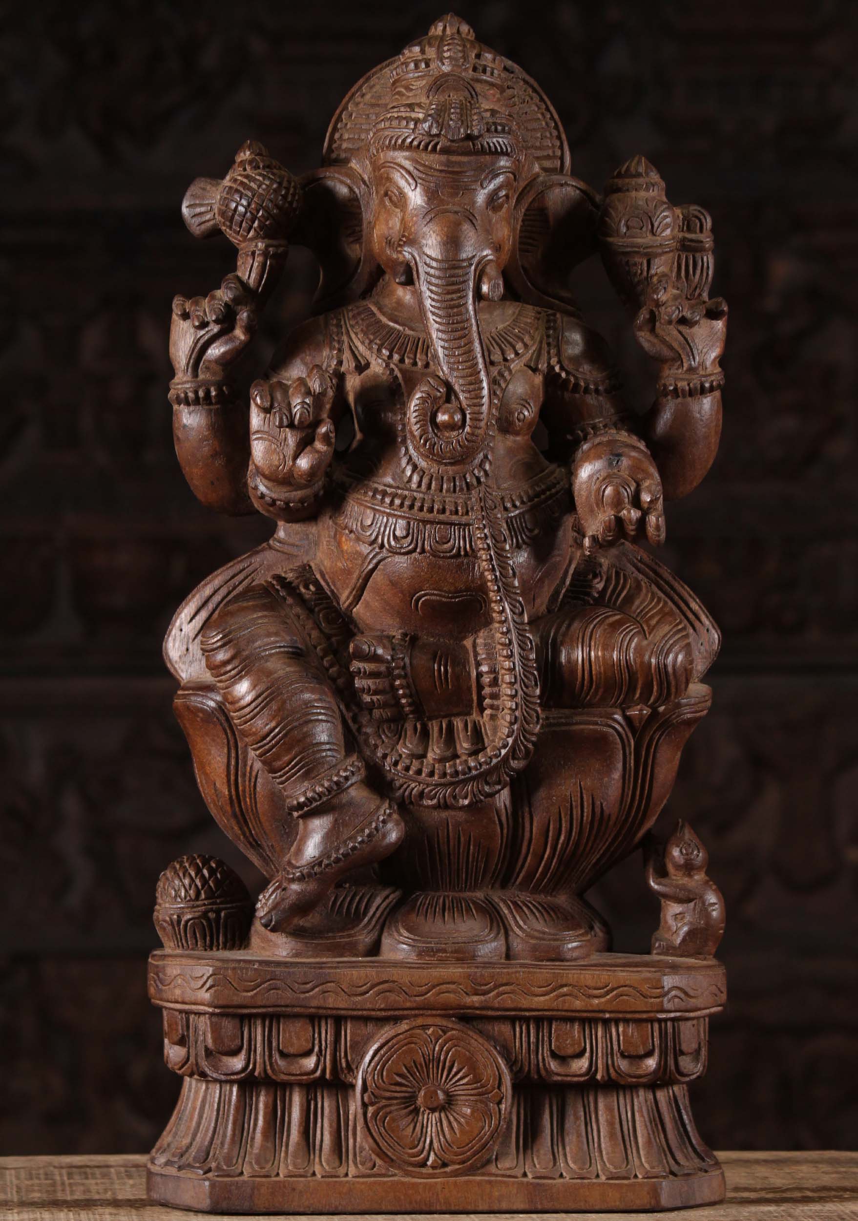 Wood Ganesh Statue Seated on Lotus  24"