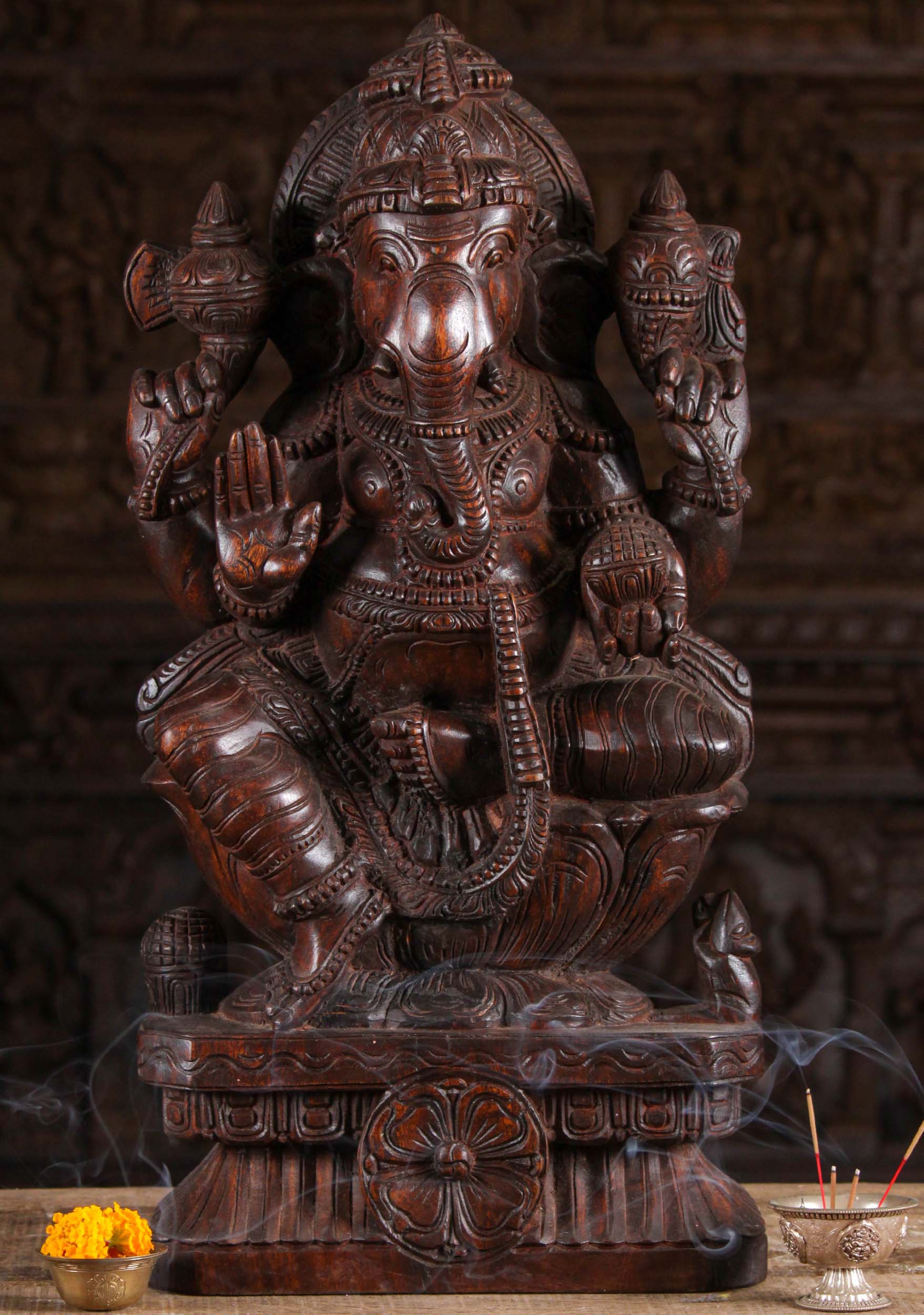 Wooden Ganesh Seated Holding Modak Sweet 24"