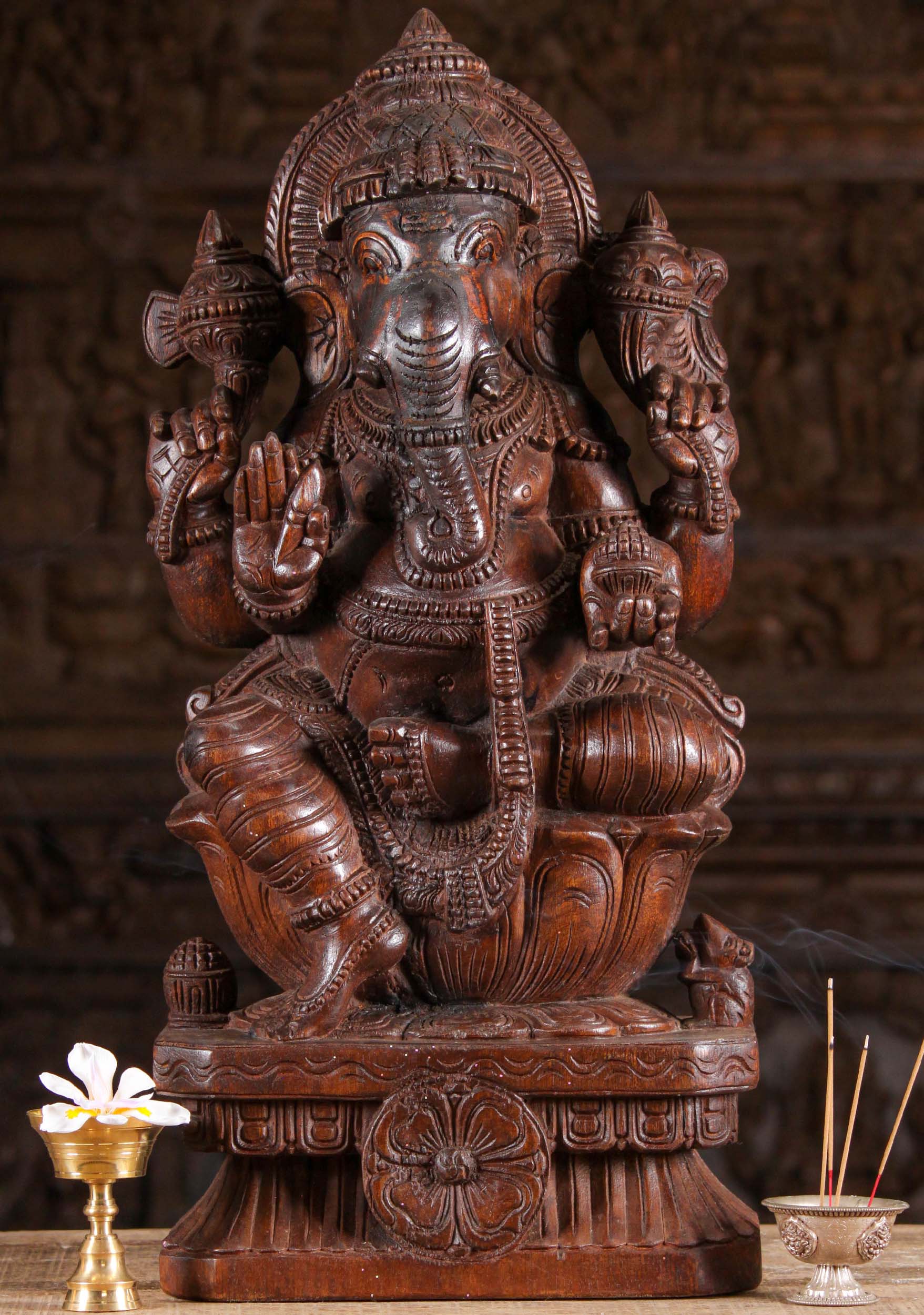 Wood Ganesh Seated Holding Modak 24"