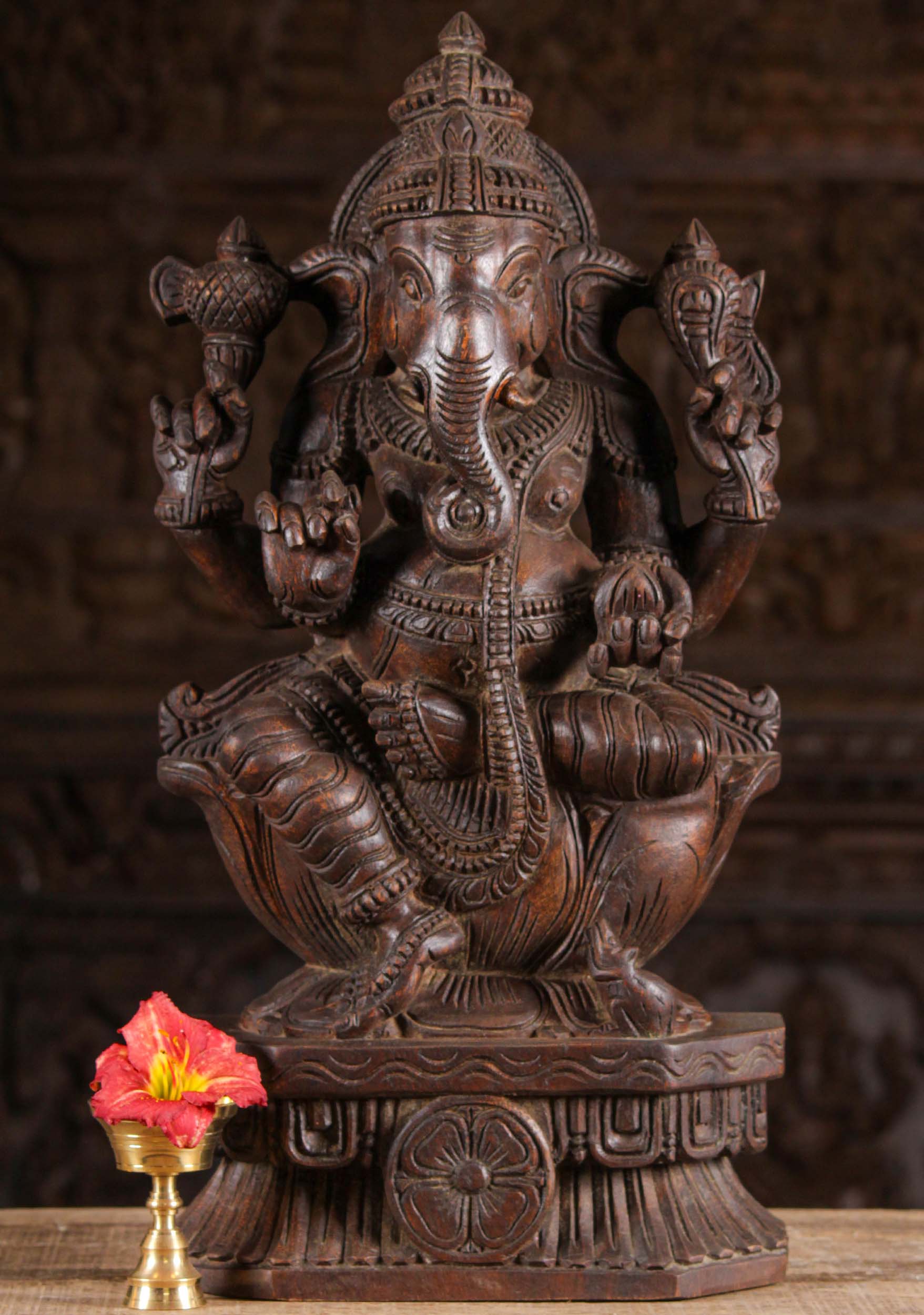 Wood Ganesh Seated on Lotus Base 24"