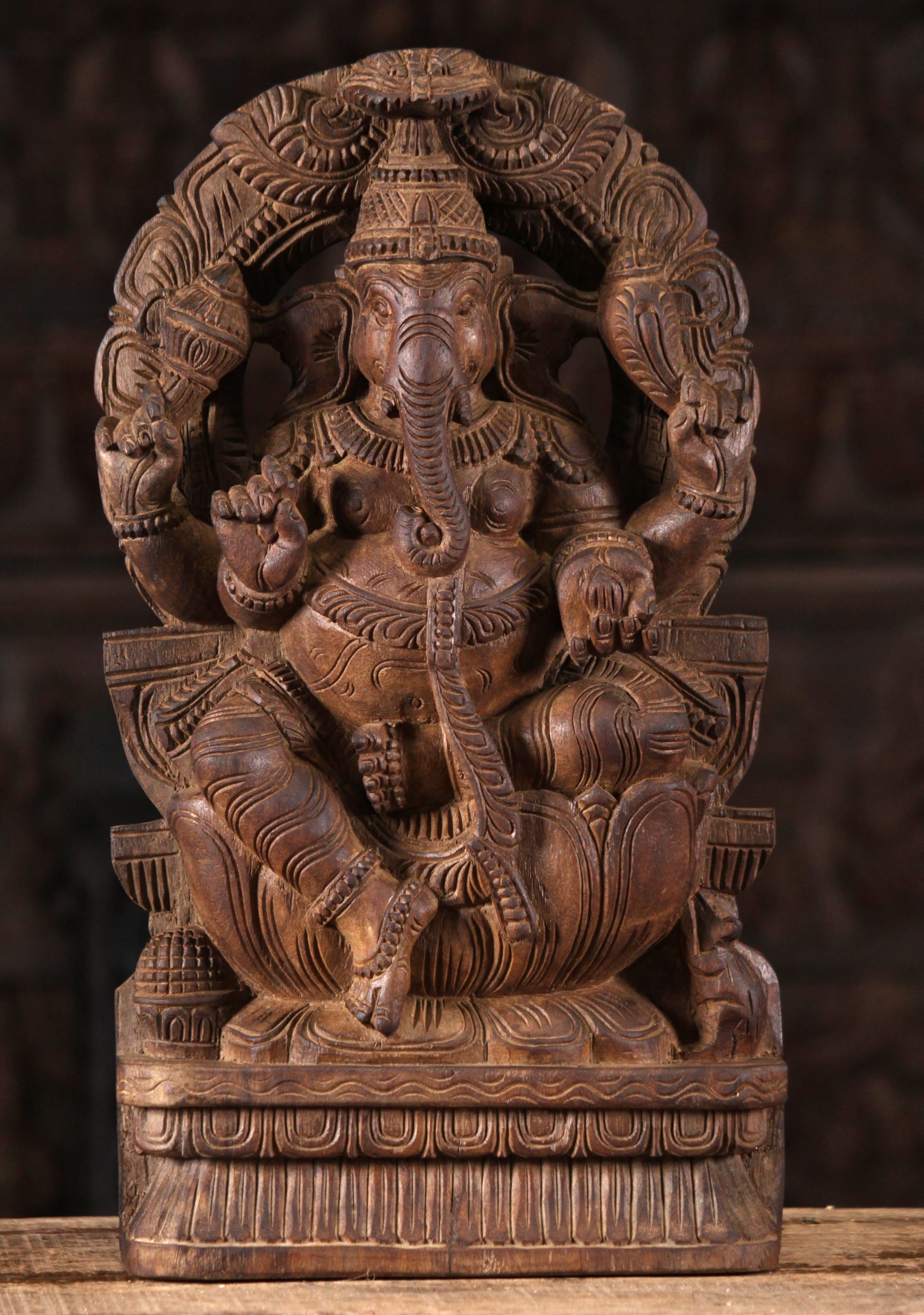 Wood Ganesha Sculpture Seated Beneath Arch 18"