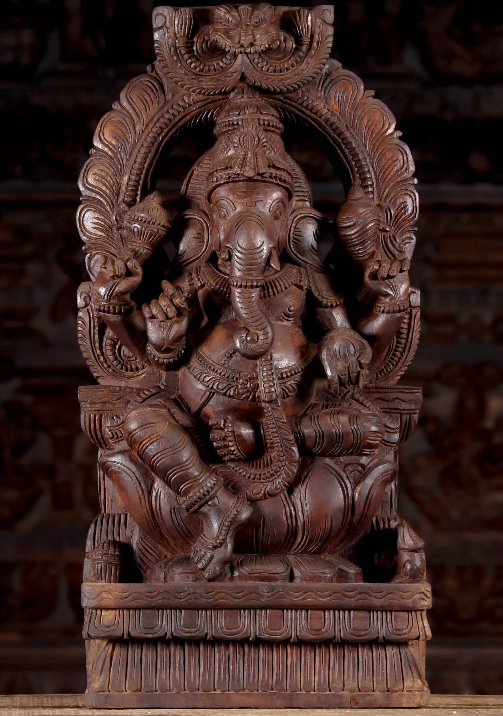 Wood Seated Lalitasana Ganesha with Arch 24"