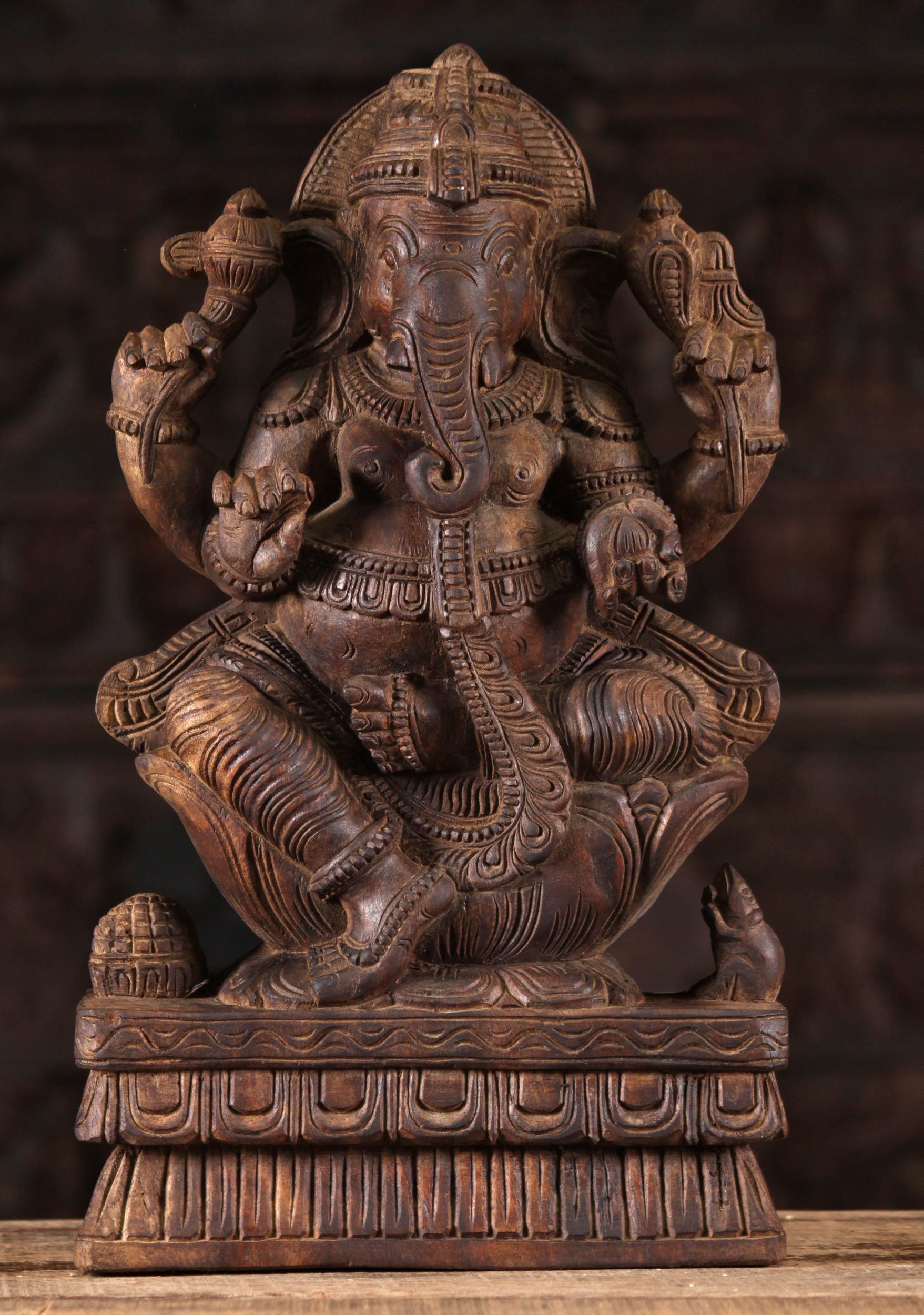 Wood Ganesh with Mooshika the Rat Statue 18"