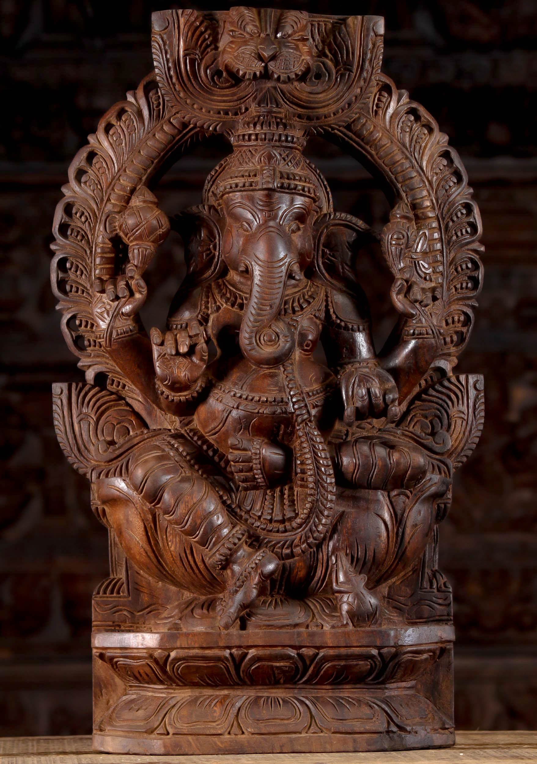 Wood Ganesha Statue Seated with Arch & Rat 24"