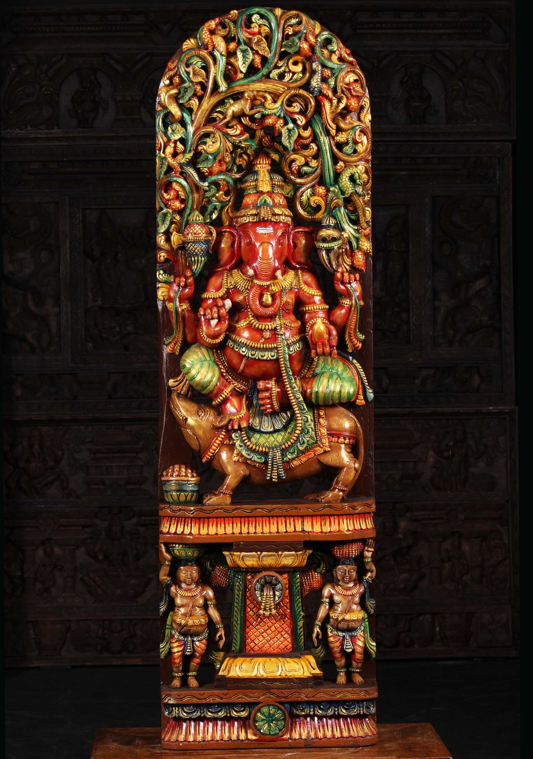 Wood Ganesha Seated on Rat with 2 Gana 60"