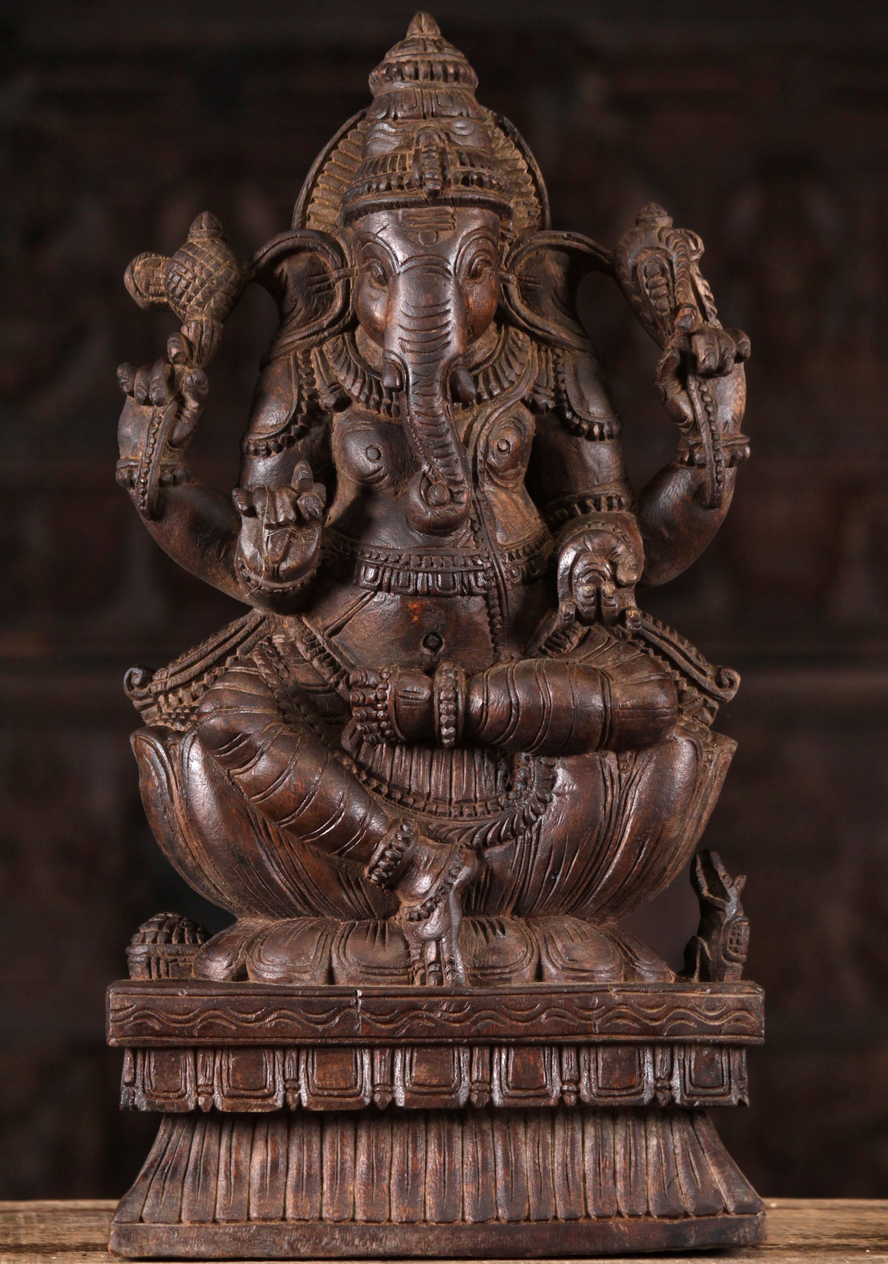 Wood Seated Ganesha Statue with Rat 18"