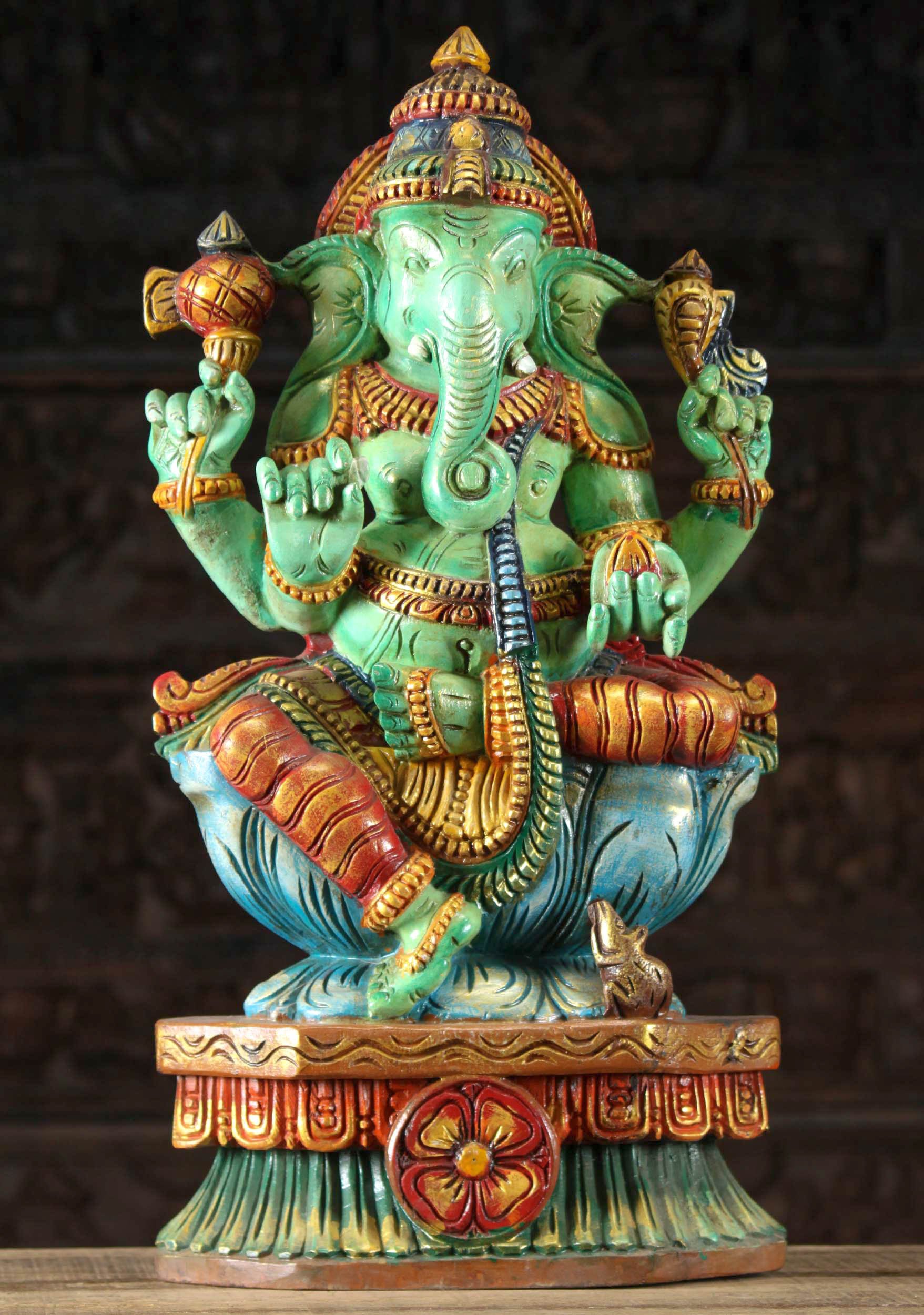 Wood Green Ganesh Statue on Blue Lotus Base 24"