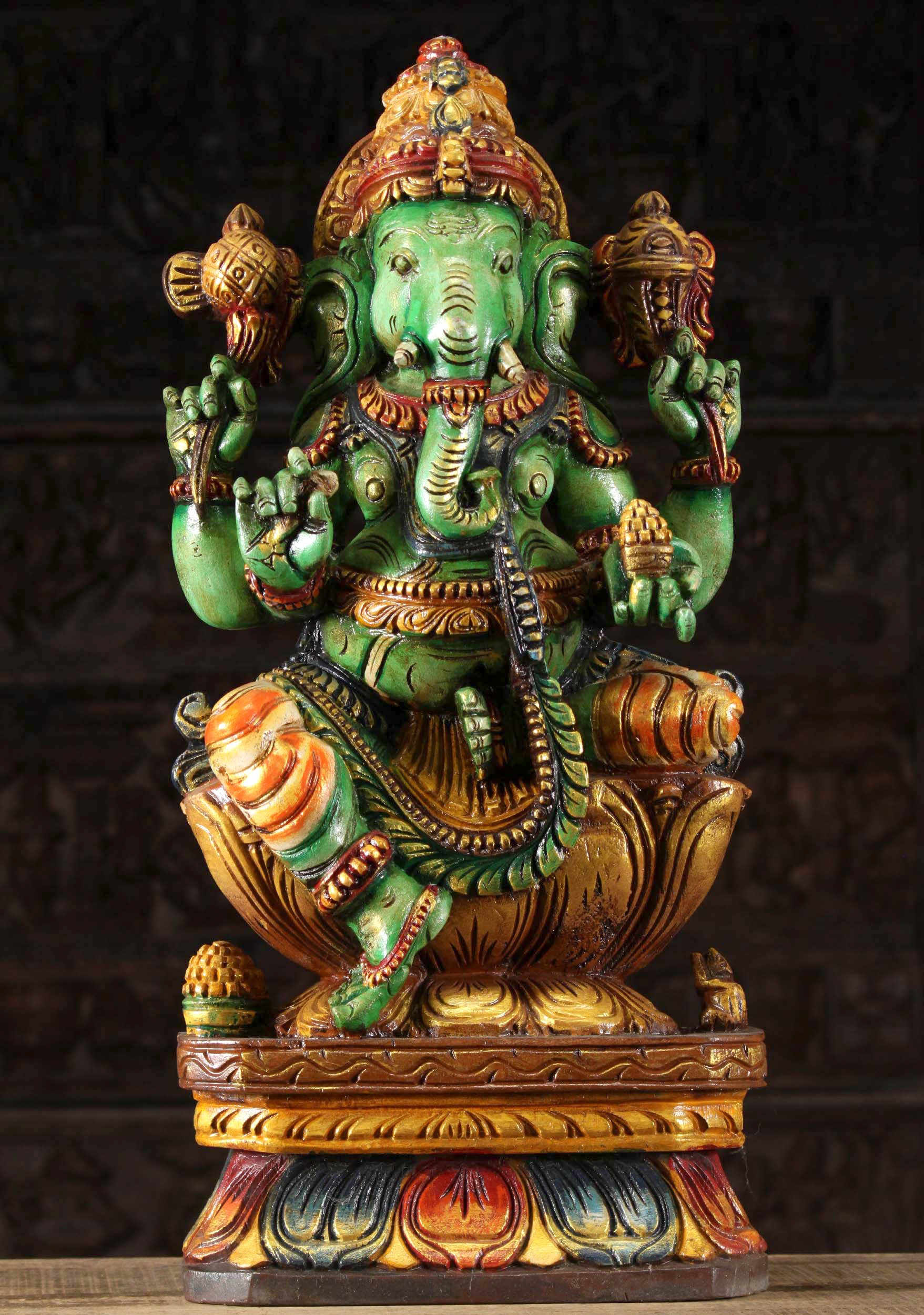 Wooden Seated Green Ganesha Statue 24"