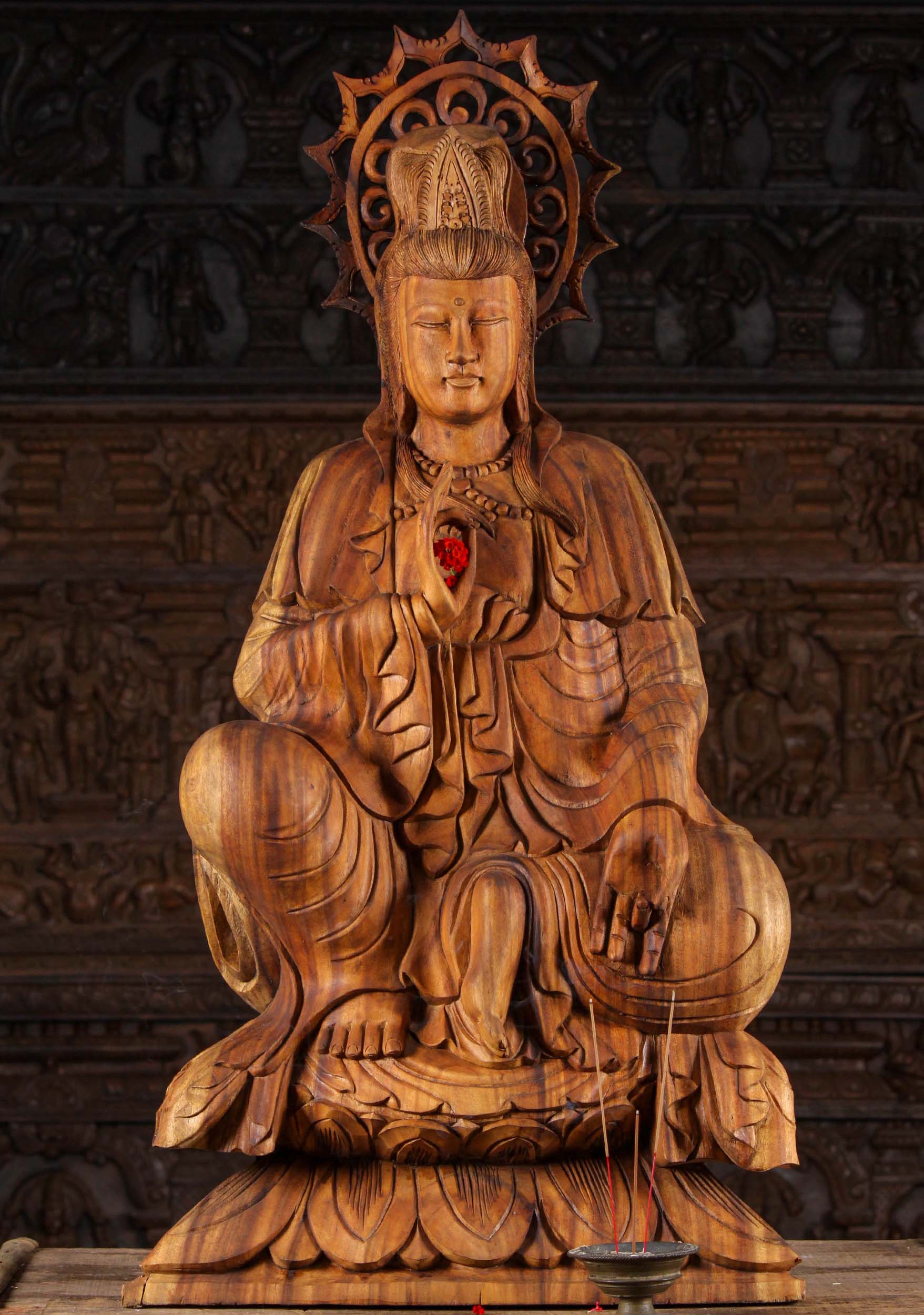 Wooden Kwan Yin Sculpture With Halo 44"