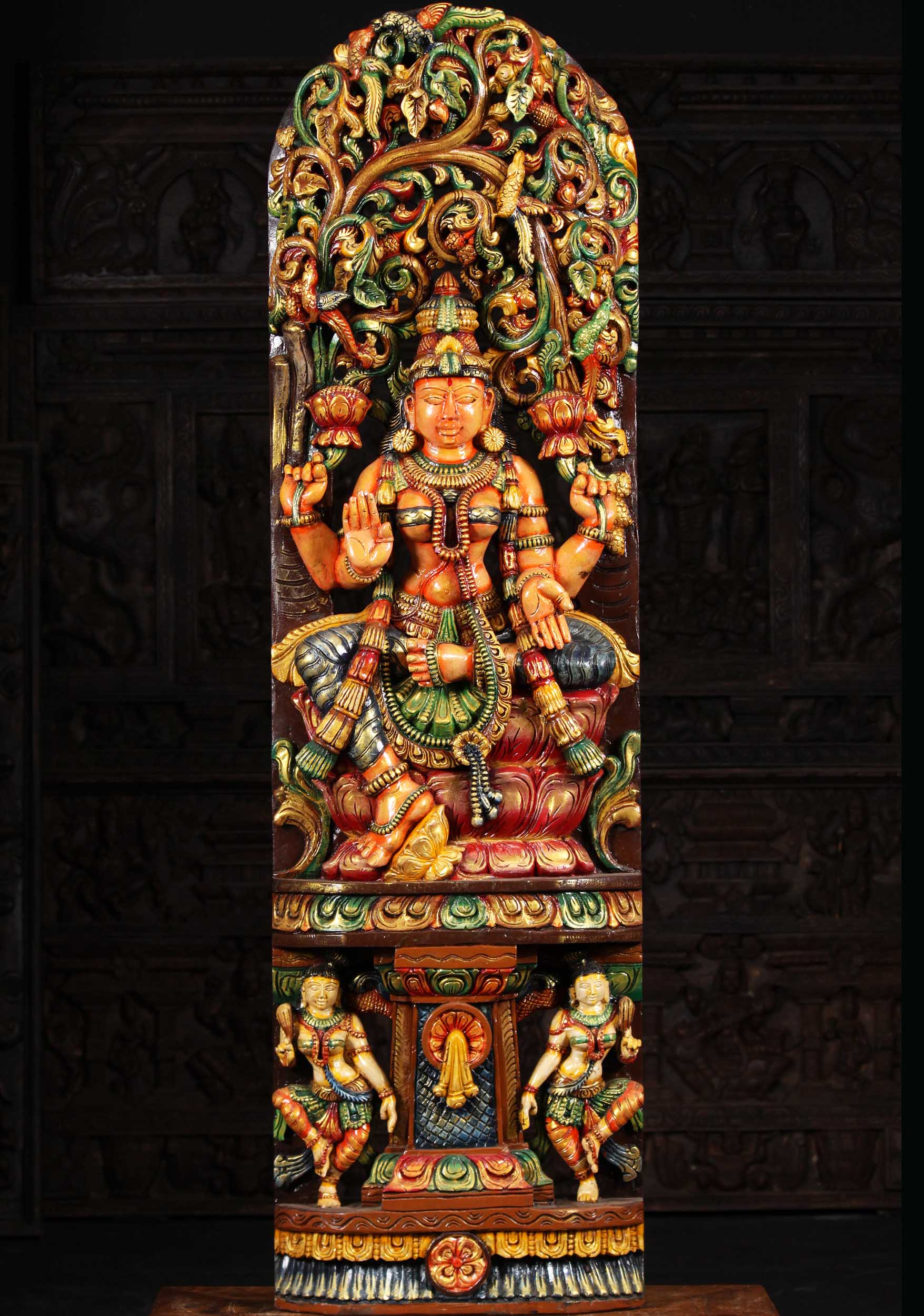 5 Foot Tall Wood Lakshmi Statue Wearing Garlands with 2 Dancing Devadasi 60"