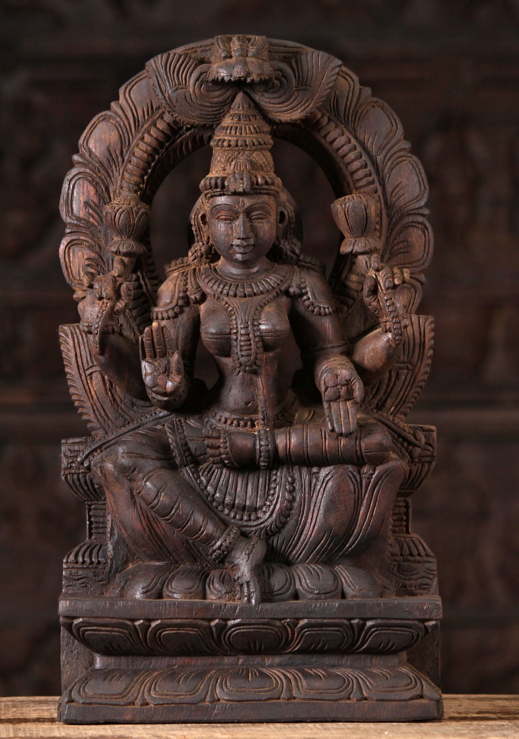 Wood Lakshmi Beneath Mahakala Arch Carving 18"