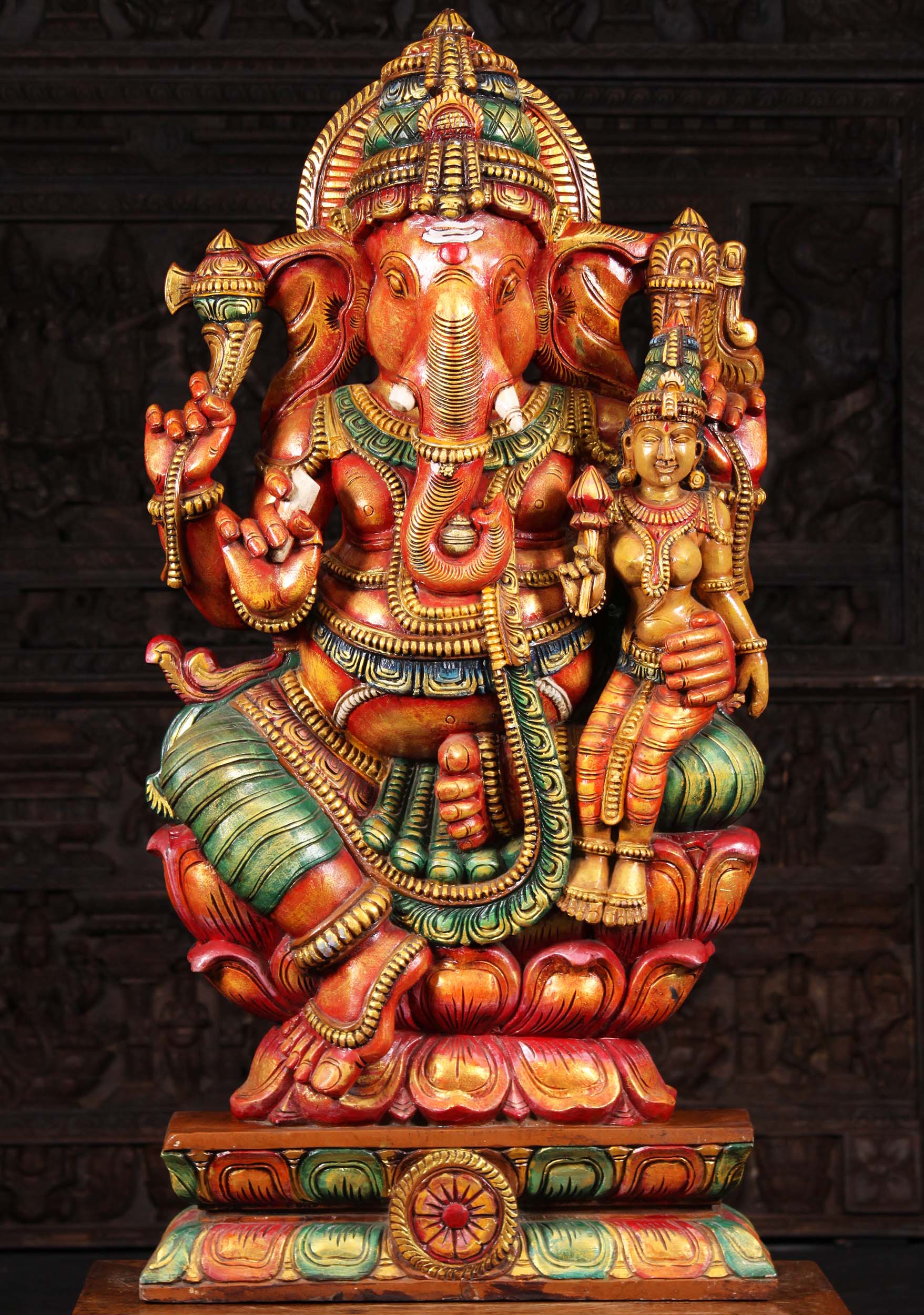 SOLD Large Hand Carved Neem Wood Ganesha Seated on Lotus Base with ...