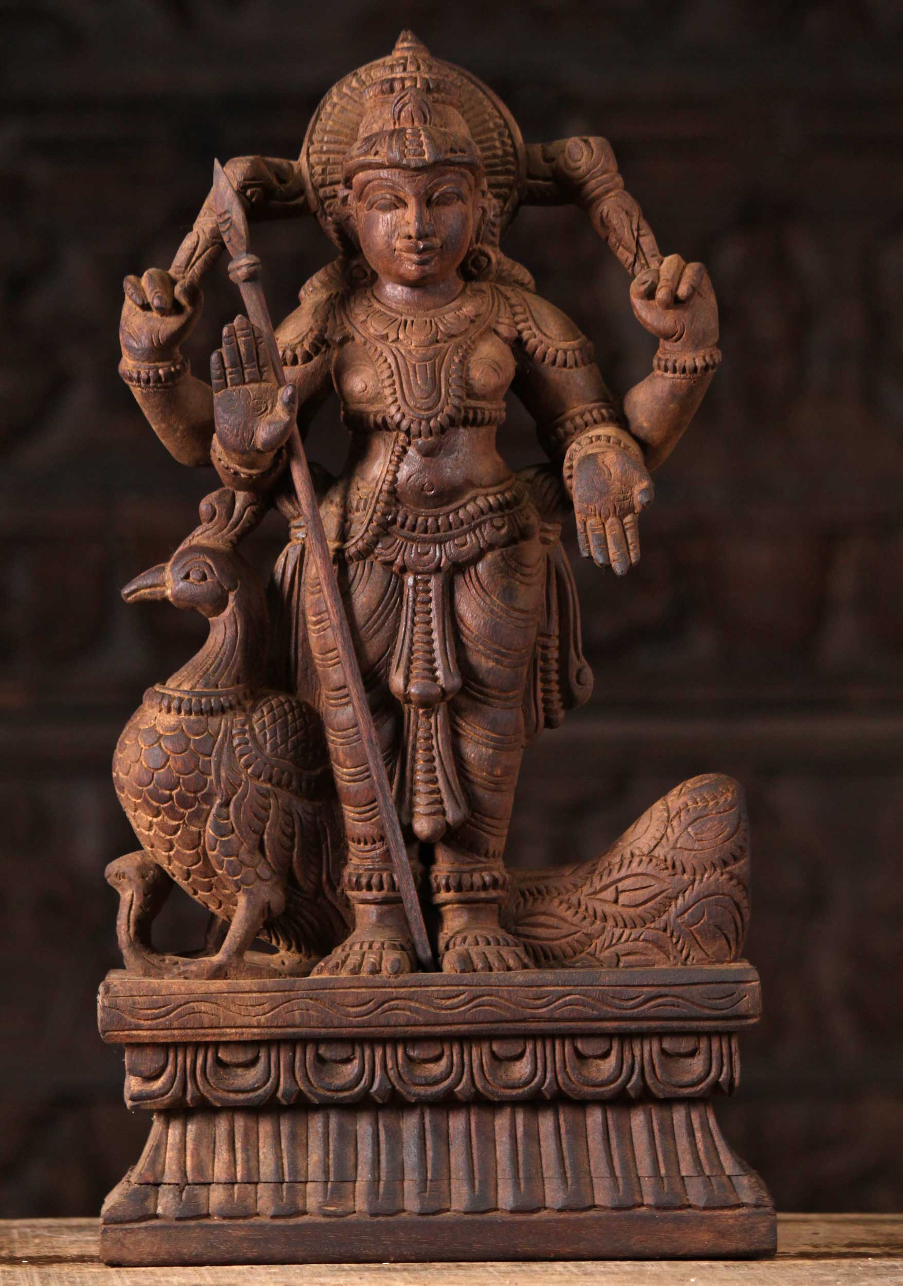 Wood Murugan Statue with Peacock 18"