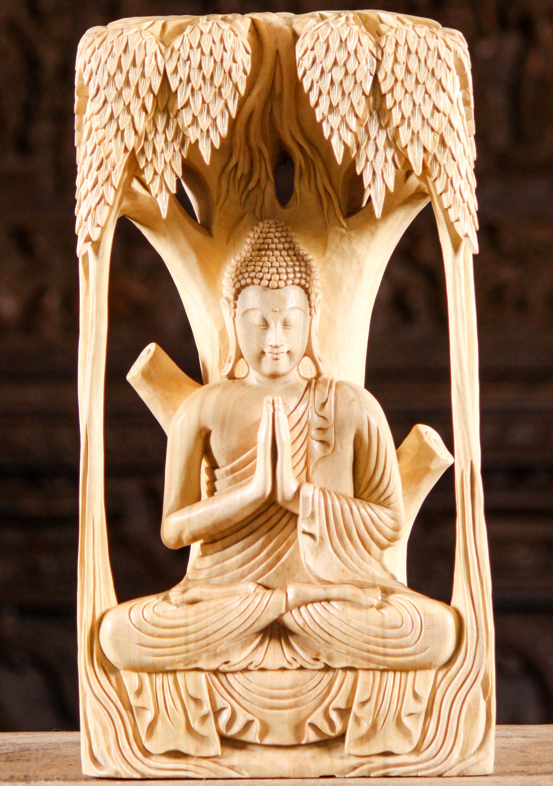 Wood Anjali Mudra Buddha Under Bodhi Tree 17"