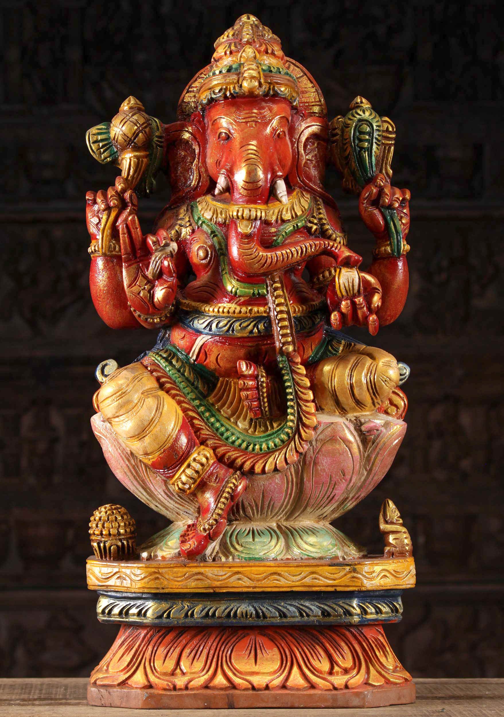 Wood Red Ganesha with Left Facing Trunk 24"