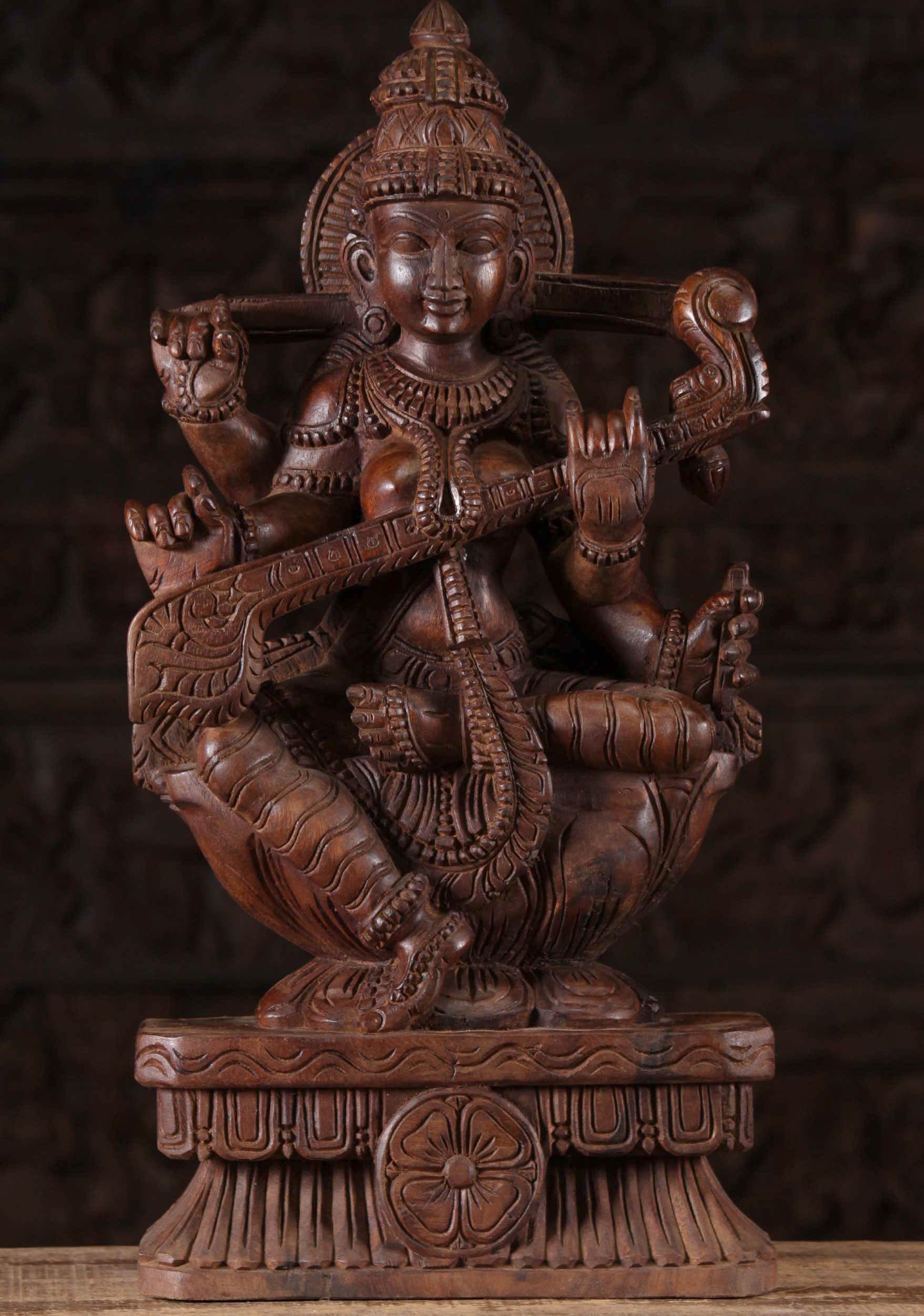 Wood Saraswati Seated on a Lotus Base 24"